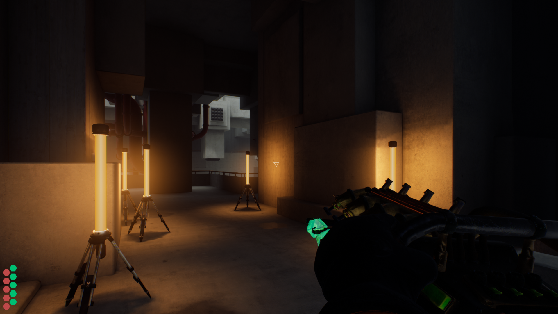 An Unreal Engine screenshot displaying a brutalist hallway lit with stand lamps