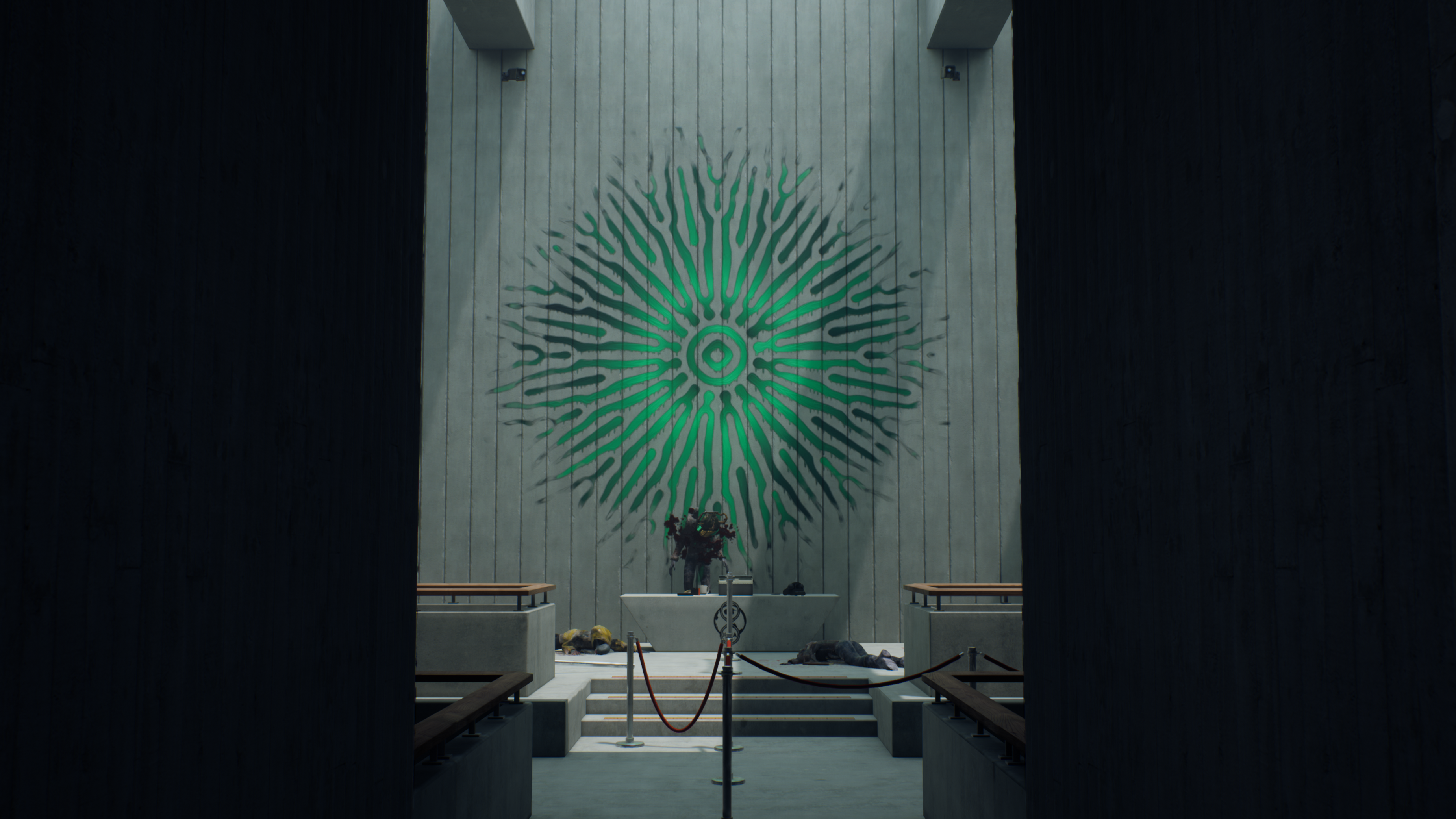 An Unreal Engine screenshot displaying a brutalist office lobby with abstract grafitti