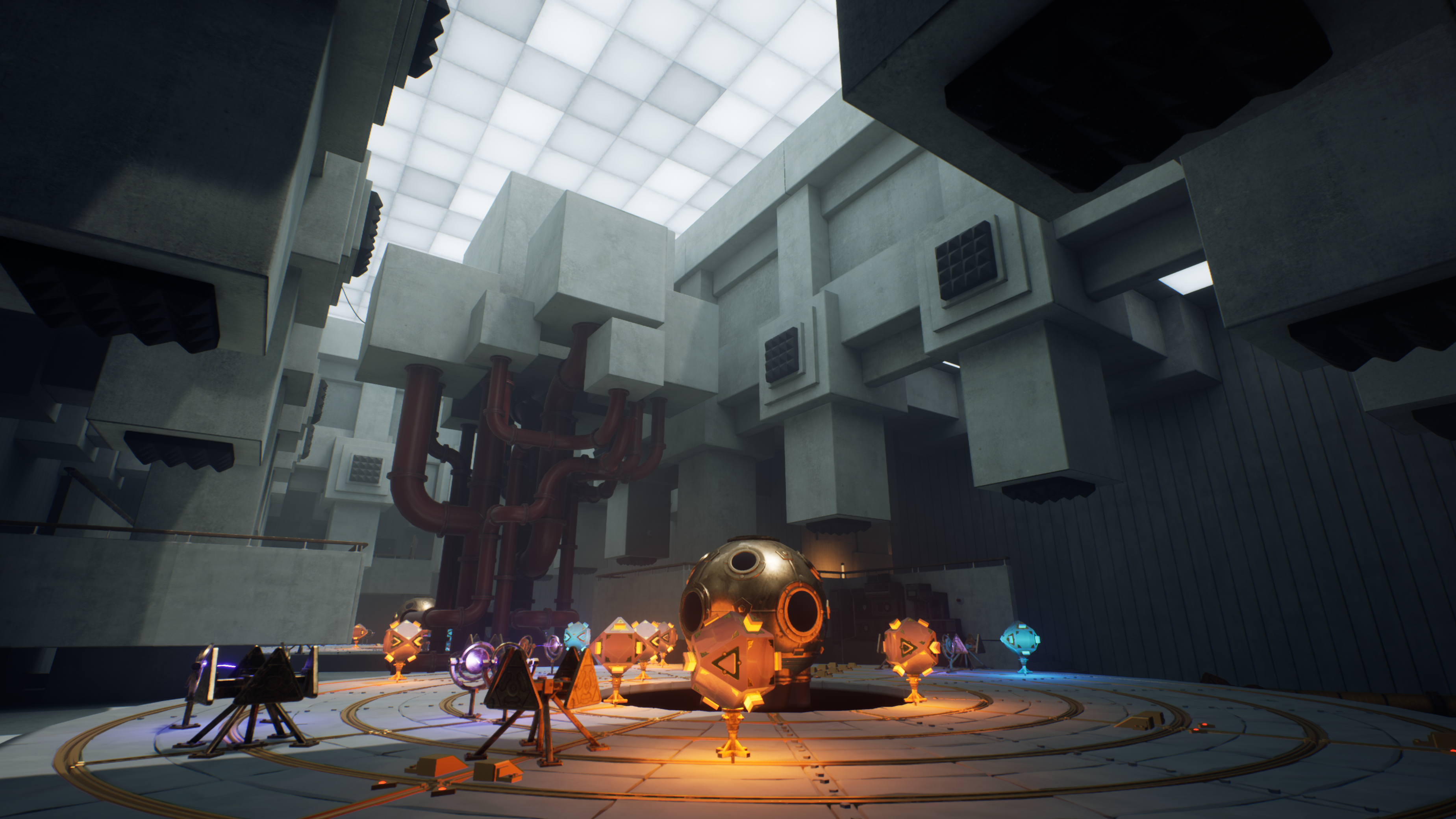 An Unreal Engine screenshot displaying a britalist science room with a mysterious central machine and pipes