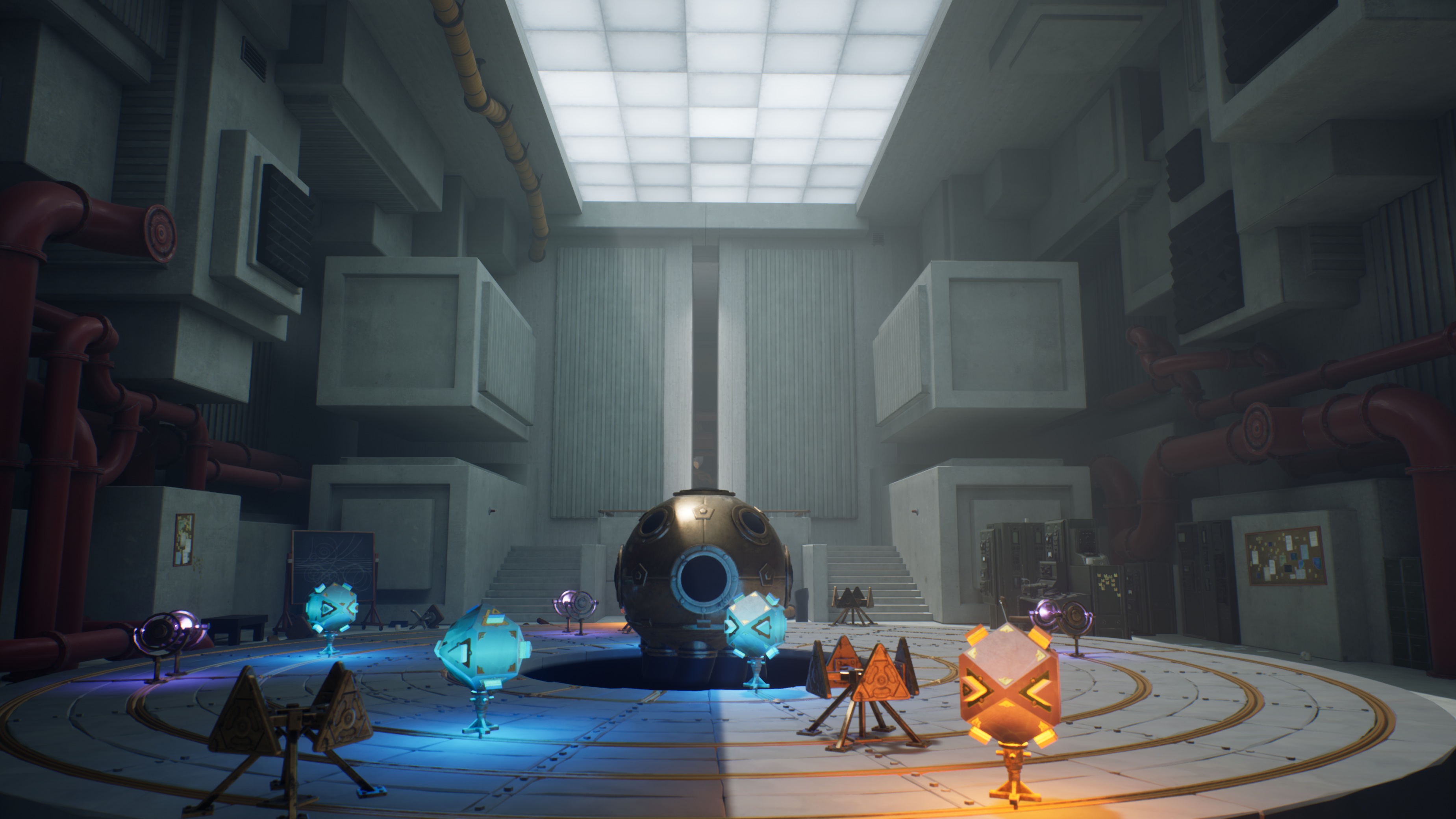 An Unreal Engine screenshot displaying a brutalist science room with a mysterious central machine and pipes