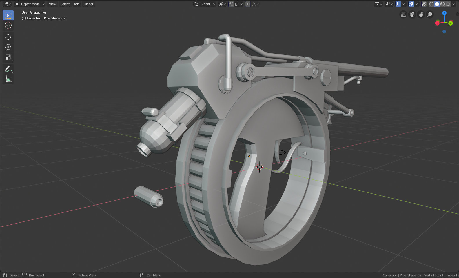 The initial blockout of shapes for the rotator pistol in blender depicted from the rear