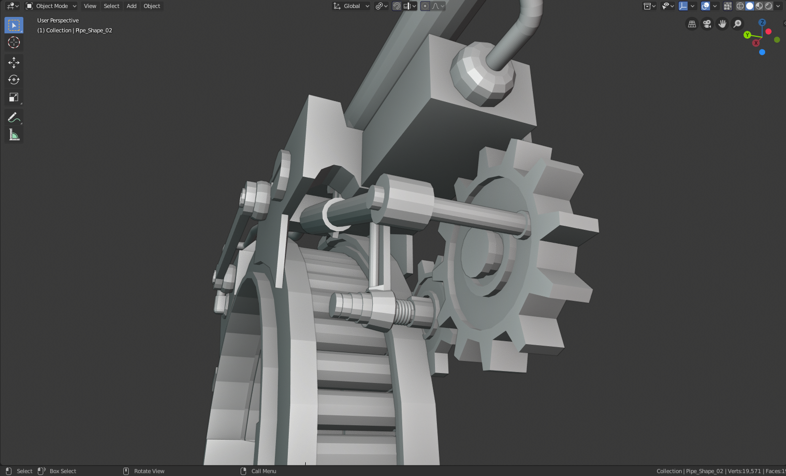The initial blockout of shapes for the rotator pistol in blender depicted with undercarriage details
