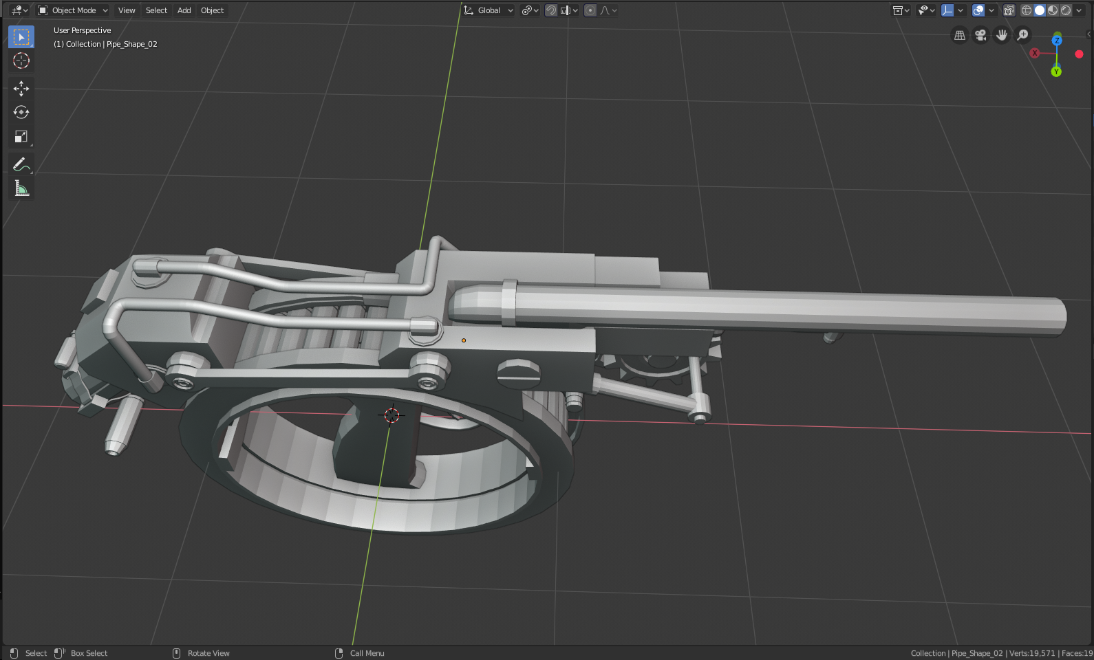 The initial blockout of shapes for the rotator pistol in blender depicted from above