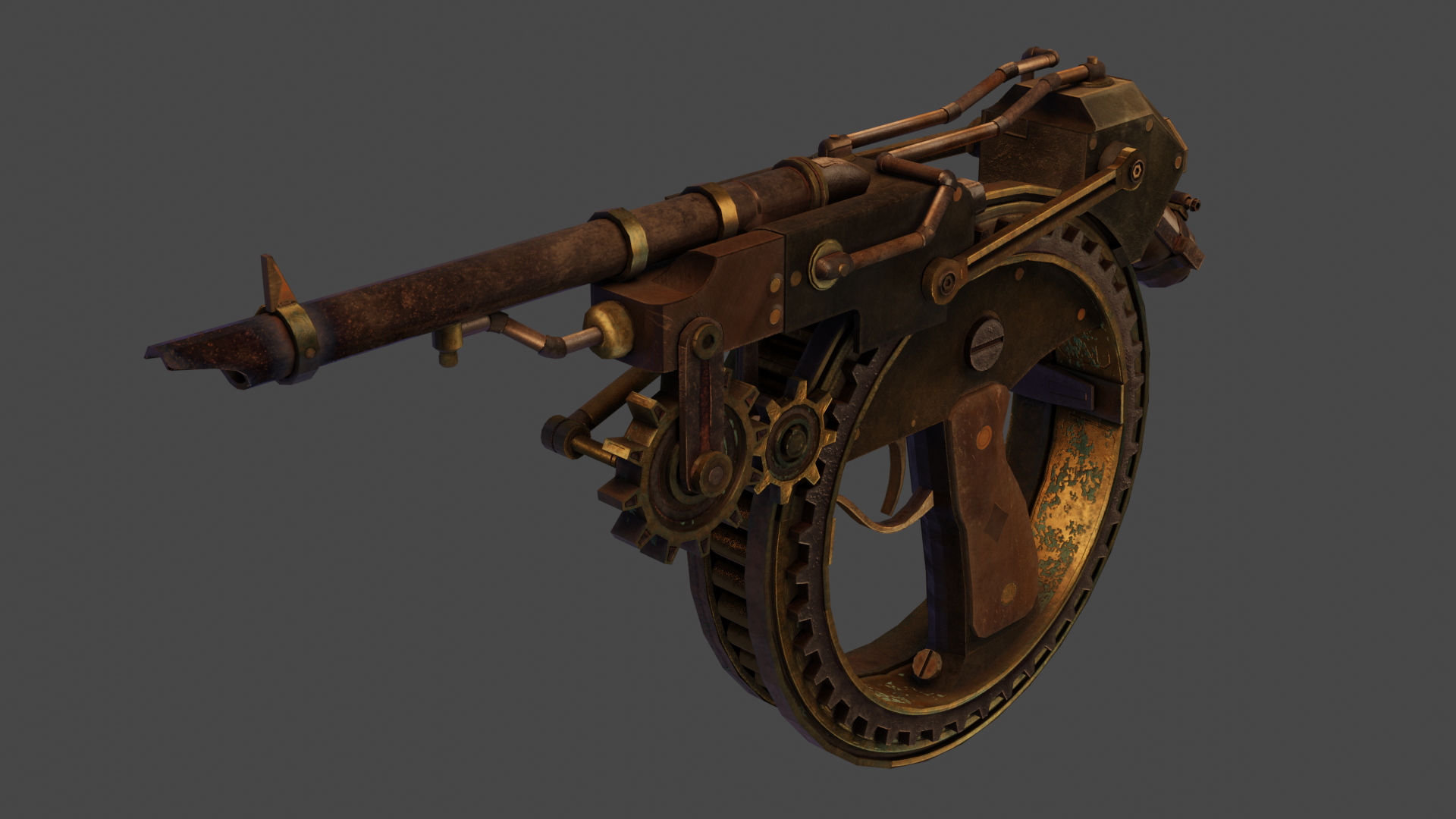 The rotator pistol rendered in Blender in a three quarters view