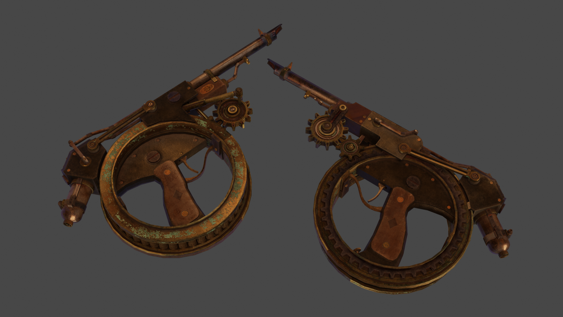 The rotator pistol rendered in Blender as a pair of pistols