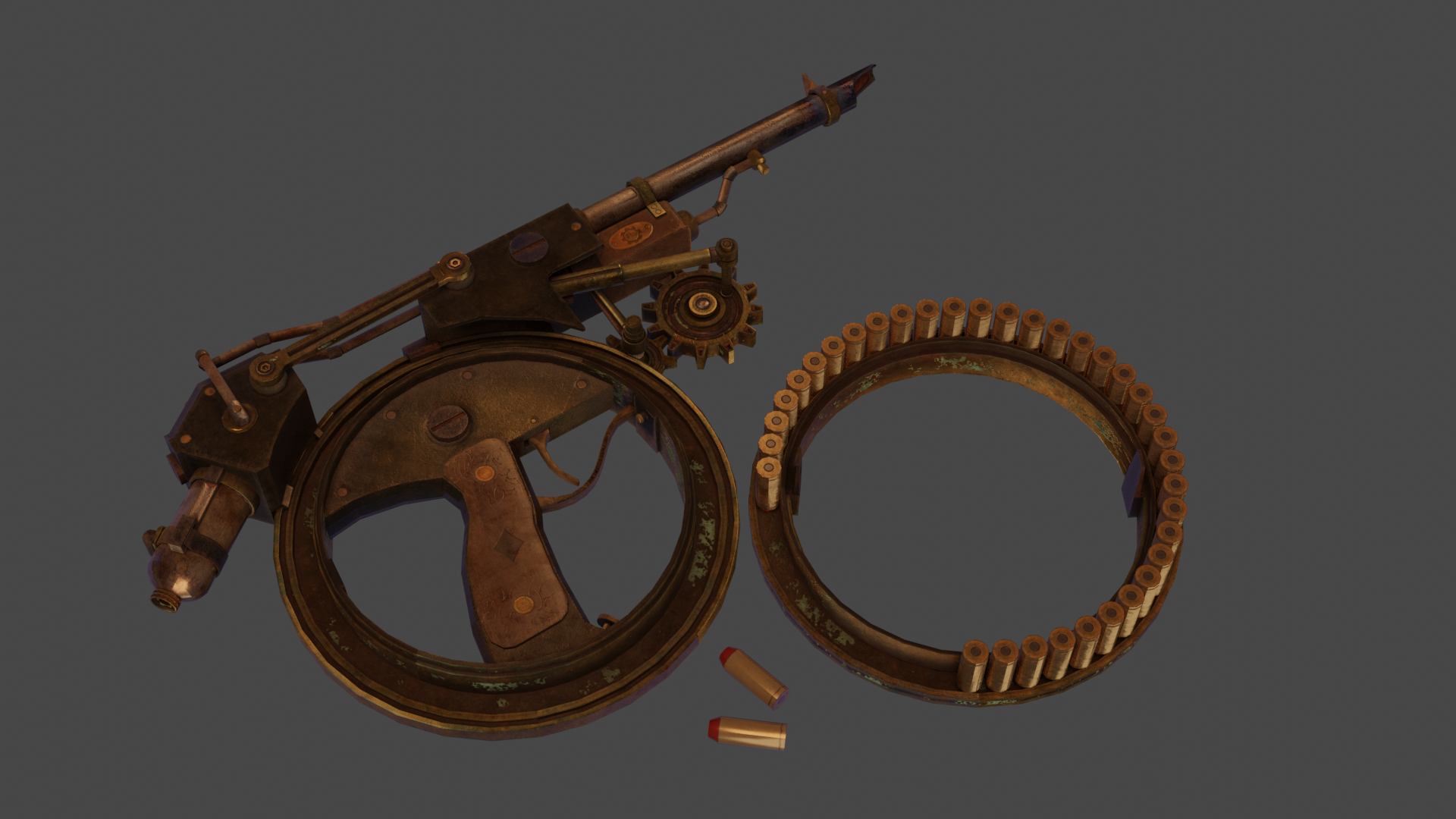 The rotator pistol rendered in Blender with the magazine removed, displaying the cartidges