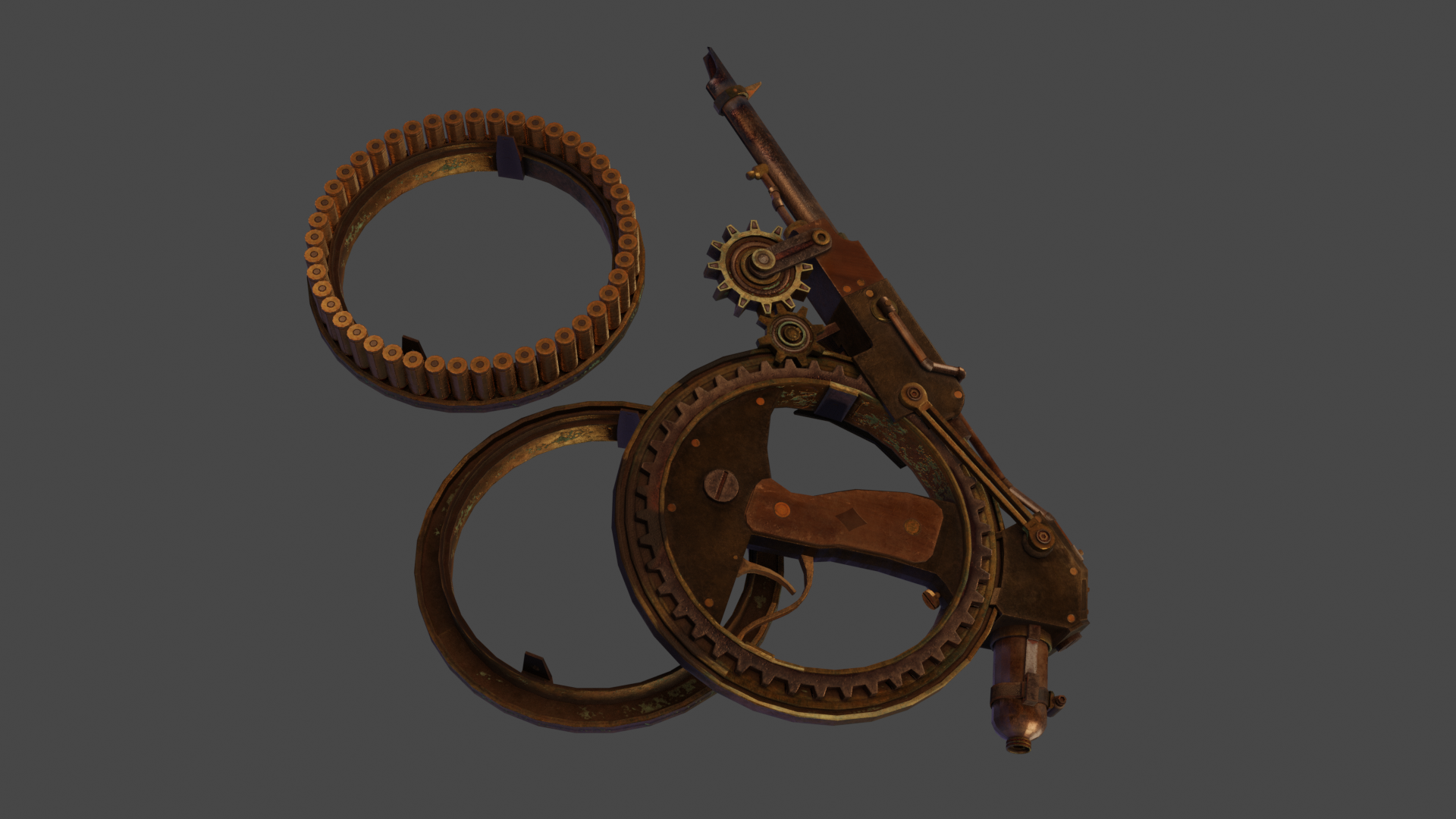 The rotator pistol rendered in Blender with the magazine removed, displaying an empty magazine and a full magazine