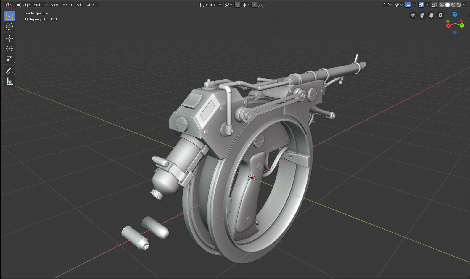 A screenshot of the rotator pistol in Blender to show the geometric complexity of the high poly from the back