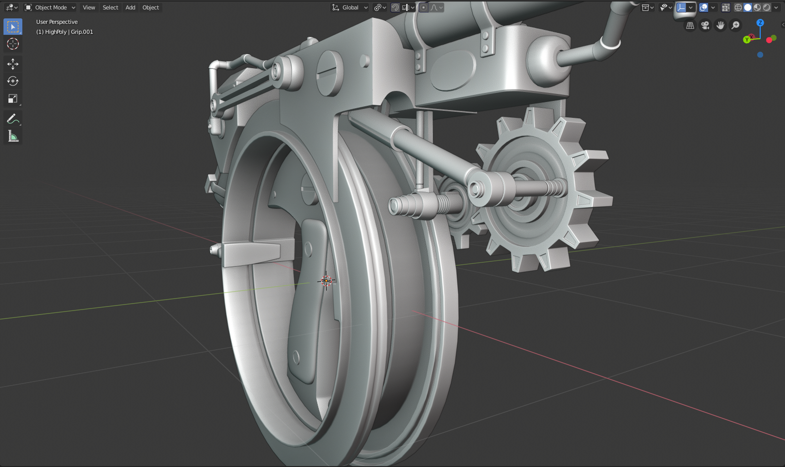 A screenshot of the rotator pistol in Blender to show the geometric complexity of the high poly from the front