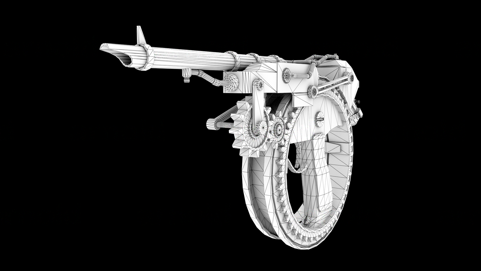 A render of the rotator pistol with a wireframe and ambient occlusion to display the geometry from the front