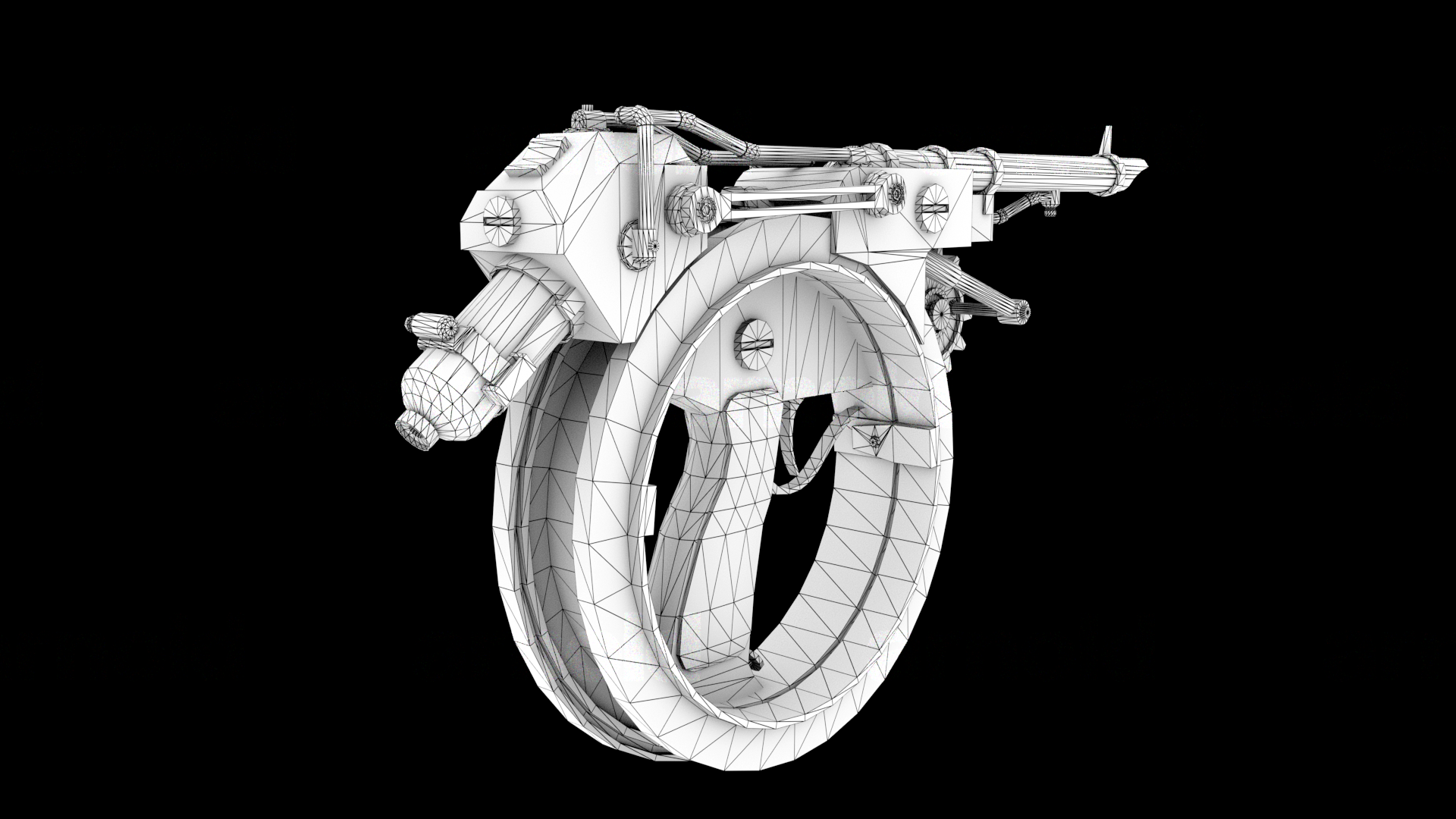 A render of the rotator pistol with a wireframe and ambient occlusion to display the geometry from the back