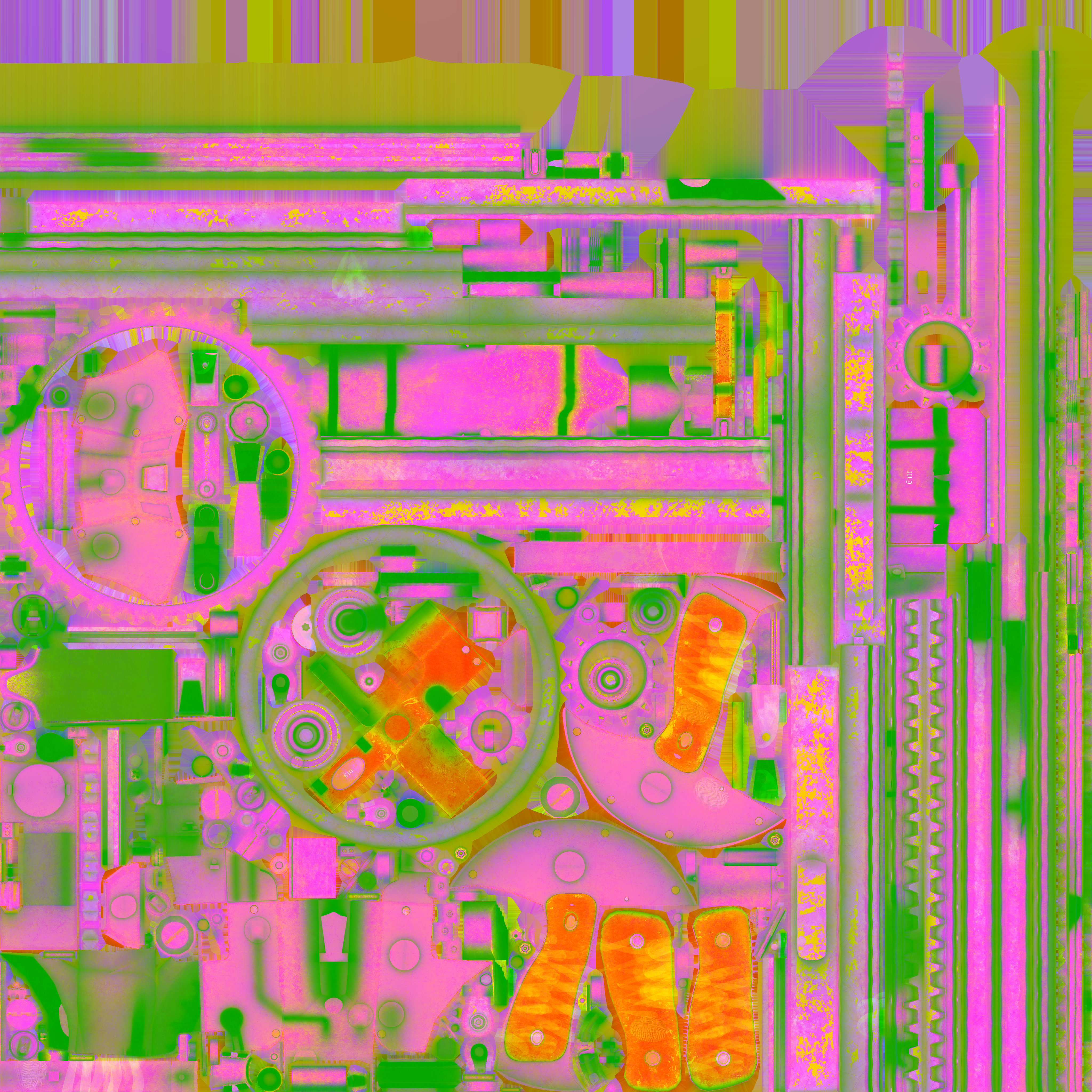 A texture map of the rotator pistol displaying the ambient occulsion, roughness, and metallic maps compressed into a single image via isolated RGB channels