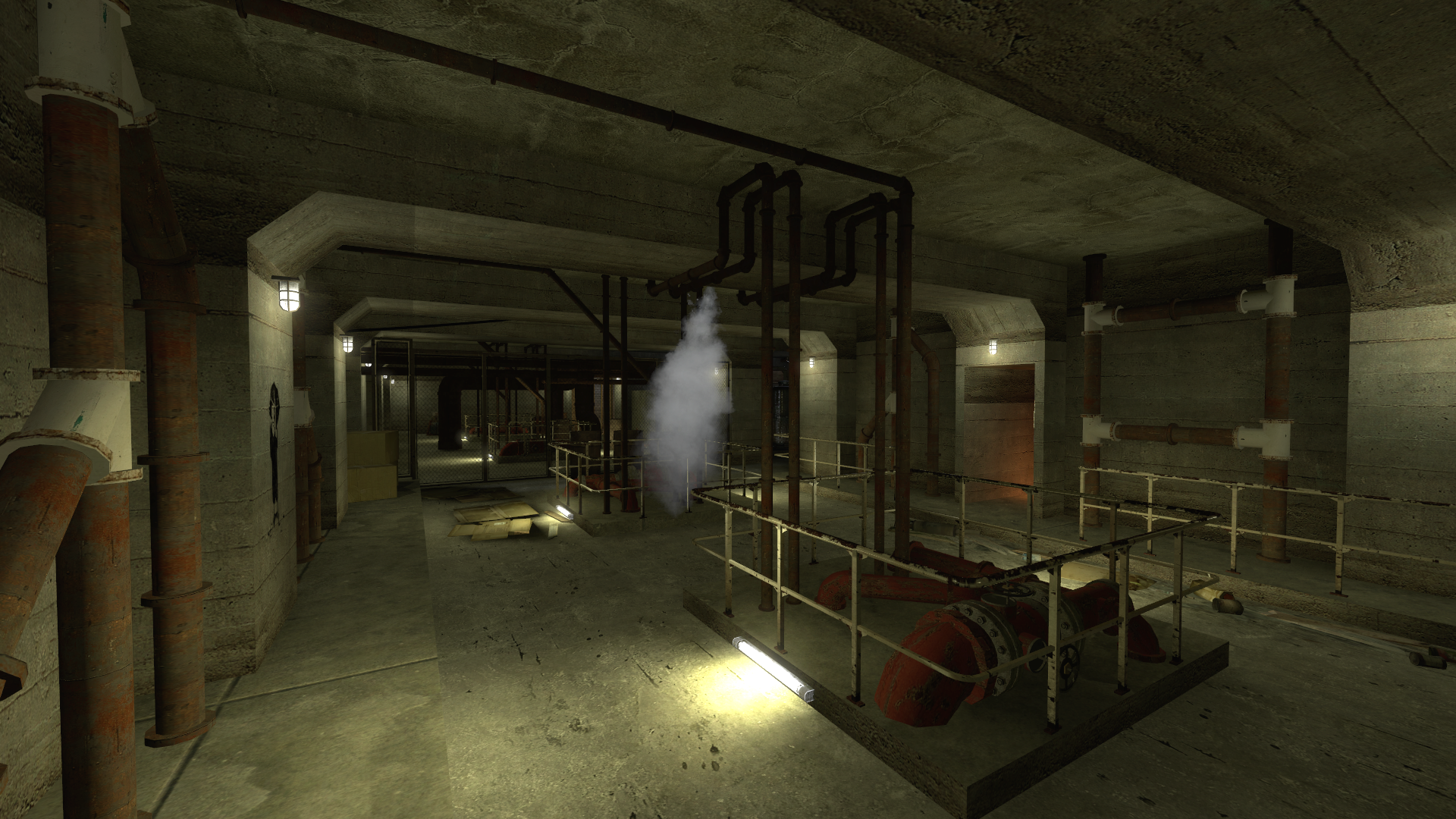 A Source engine screenshot of the Half Life 2 beta displaying an underground concrete passage filled with pipes and garbage