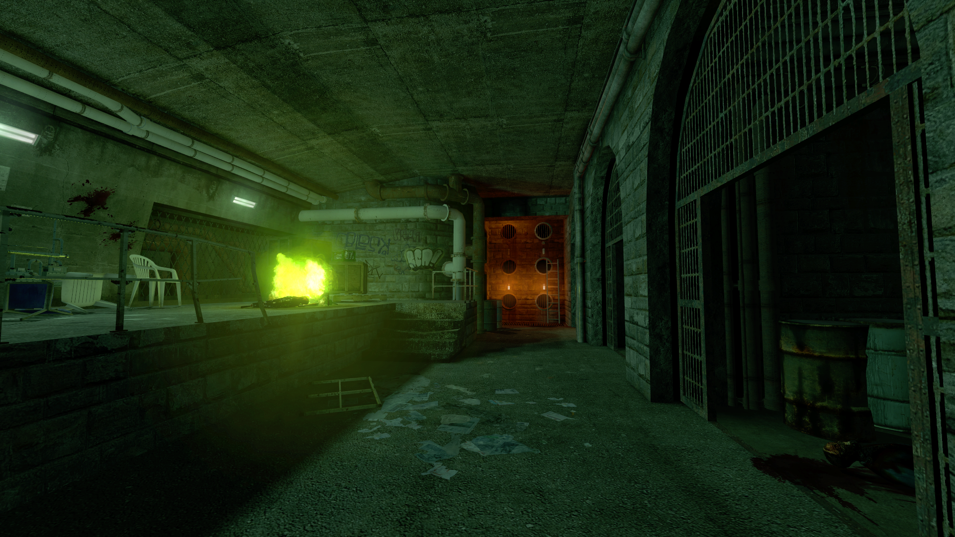 A Source engine screenshot of the Half Life 2 beta displaying a drainage tunnel, burning corpse, and distant ladder