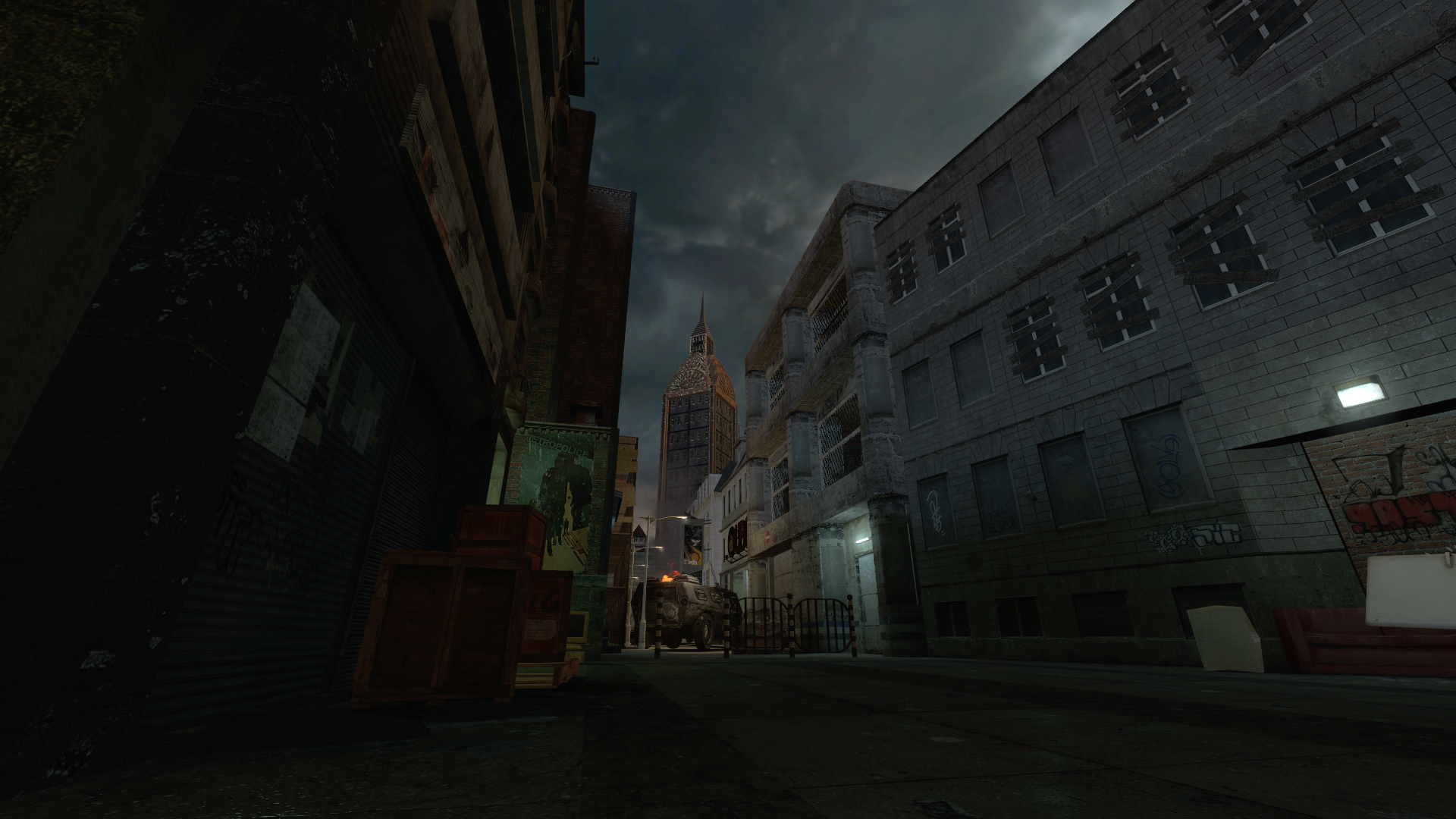 A Source engine screenshot of the Half Life 2 beta displaying a dirty courtyard, partment buildings, and a combine force field