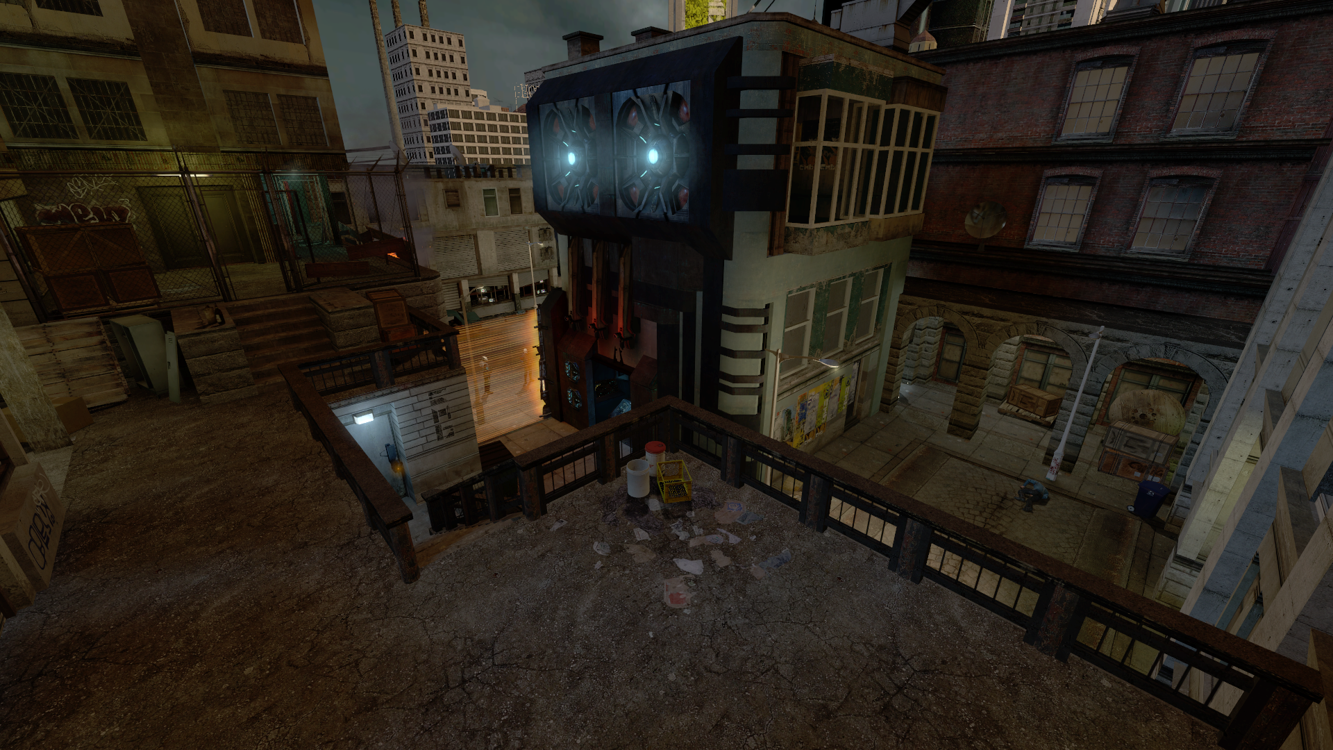 A Source engine screenshot of the Half Life 2 beta displaying a police blockade across a street, distant buildings, and boarded up windows