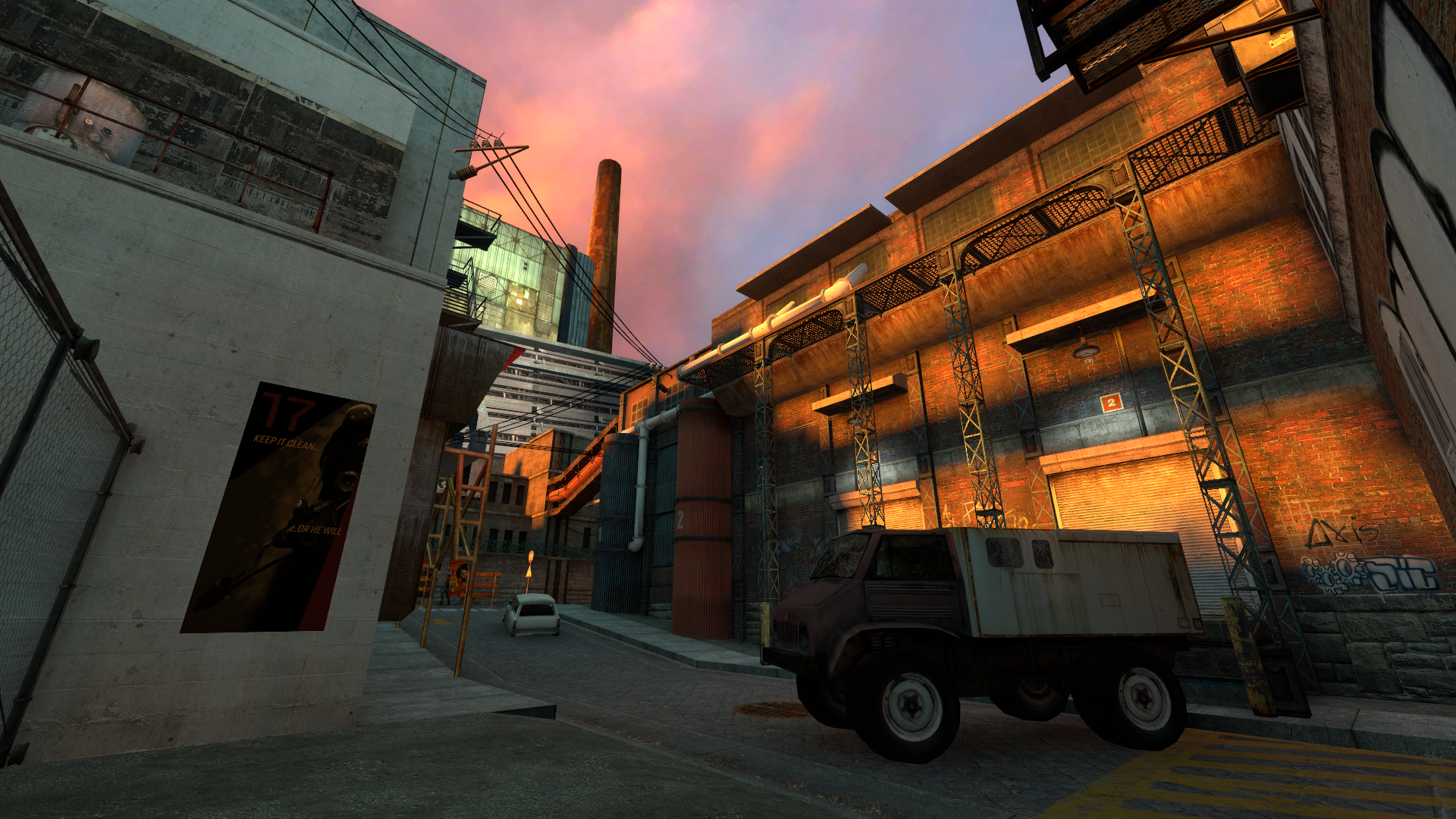 A Source engine screenshot of the Half Life 2 beta displaying an armored truck, factory buildings, and propaganda posters