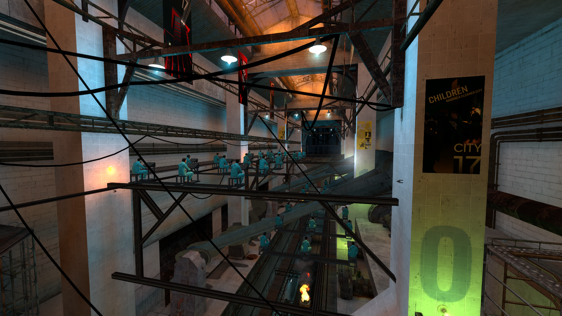 A Source engine screenshot of the Half Life 2 beta displaying a turbine hall during sunset filled with slaves
