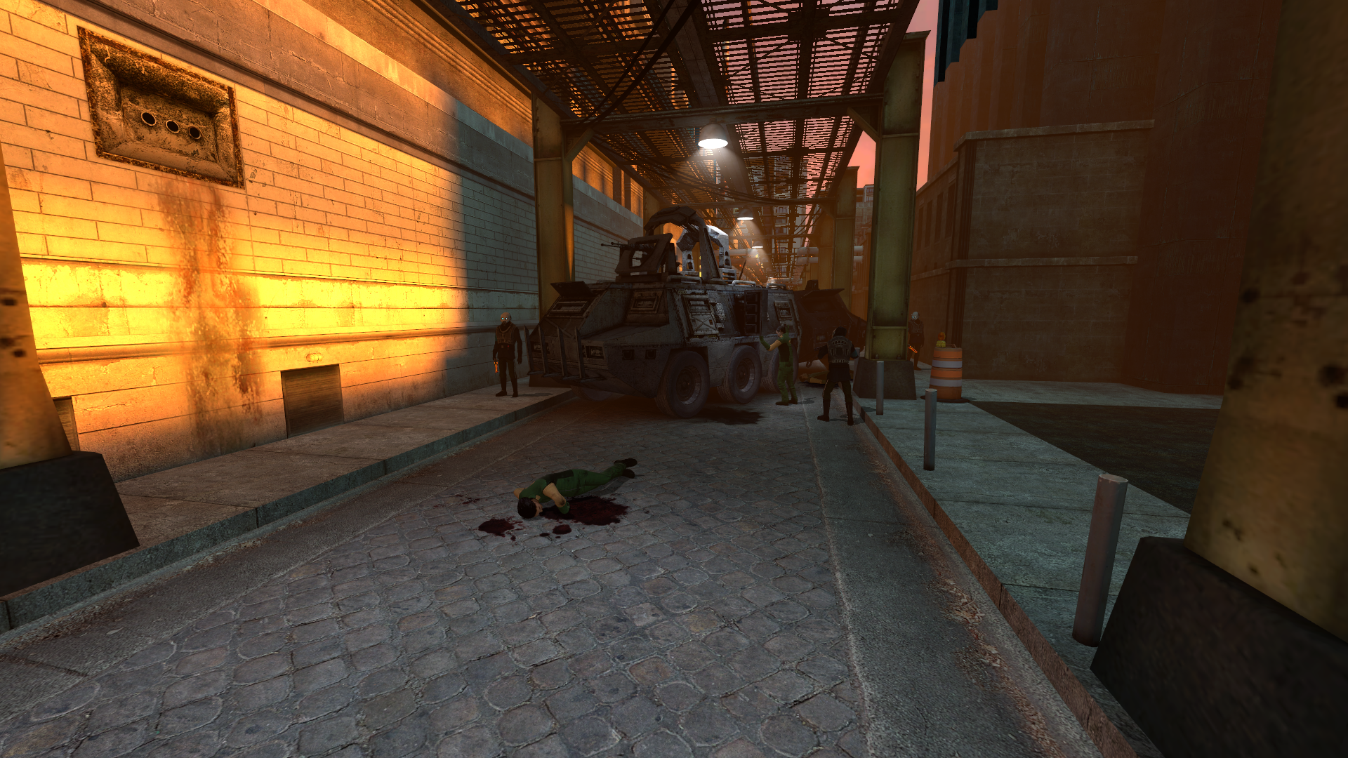 A Source engine screenshot of the Half Life 2 beta displaying a street underneath train tracks. Police surround a bloody body