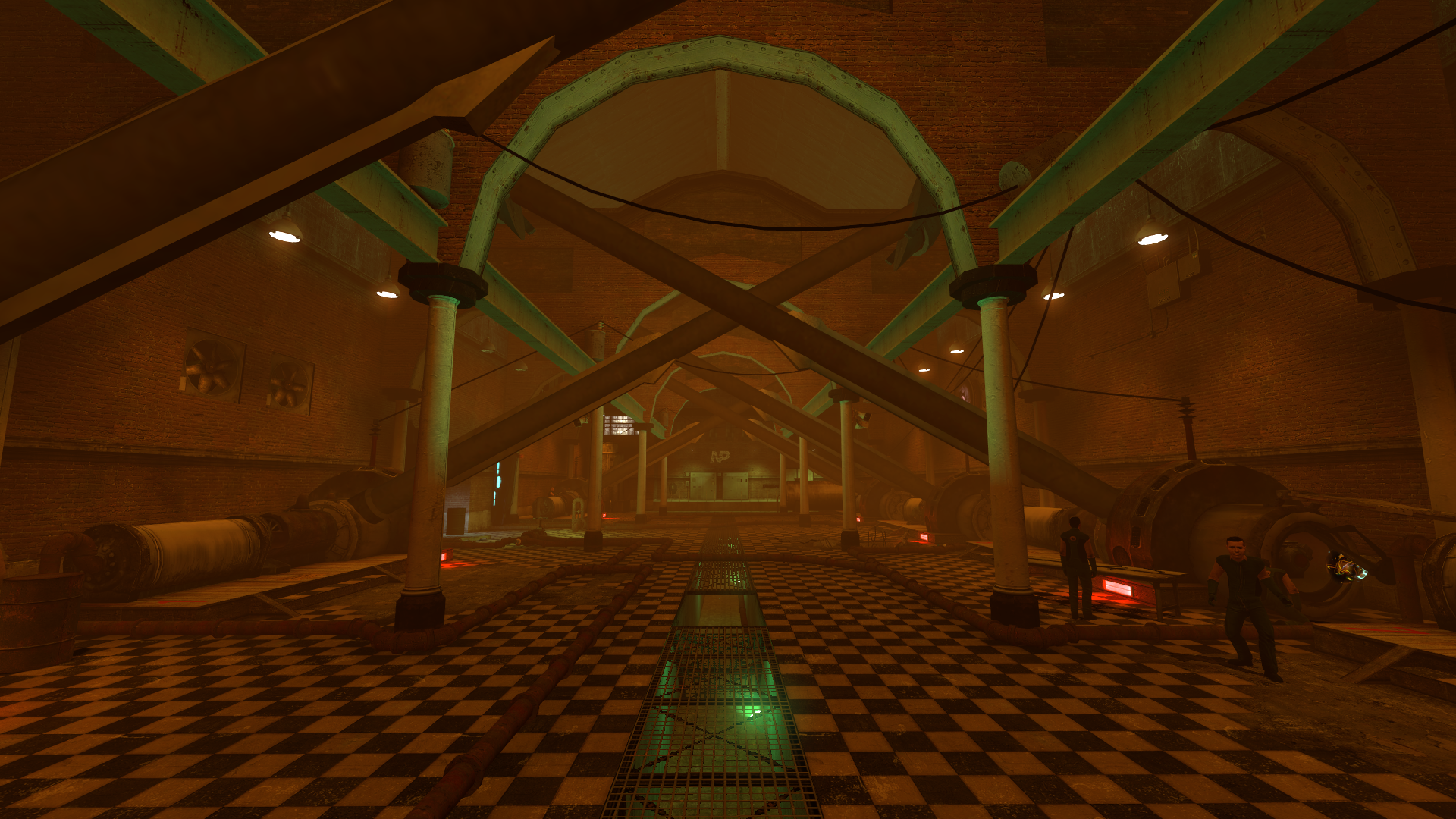 A Source engine screenshot of the Half Life 2 beta displaying a generator hall with brick arches, pipe networks, and eerie lighting