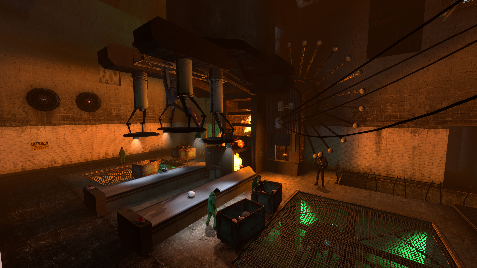 A Source engine screenshot of the Half Life 2 beta displaying a factory machine operated by children creating robotic heads