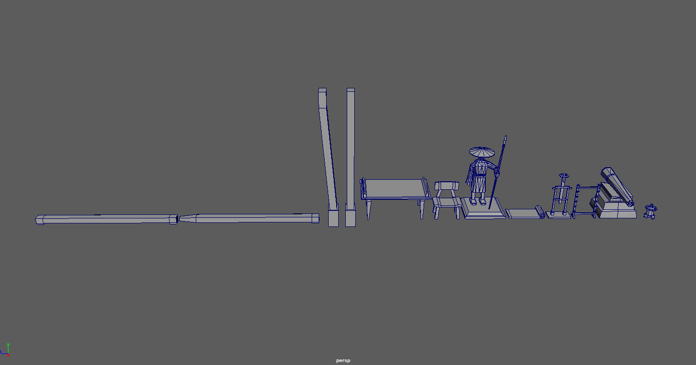 An image from Maya showing a wireframe of assets for the castle