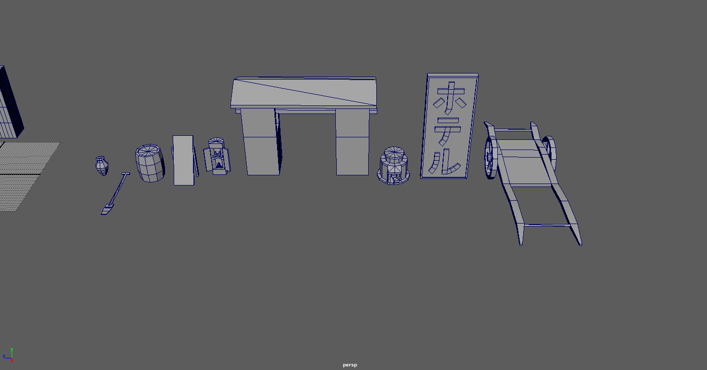 An image from Maya showing a wireframe of assets for the city