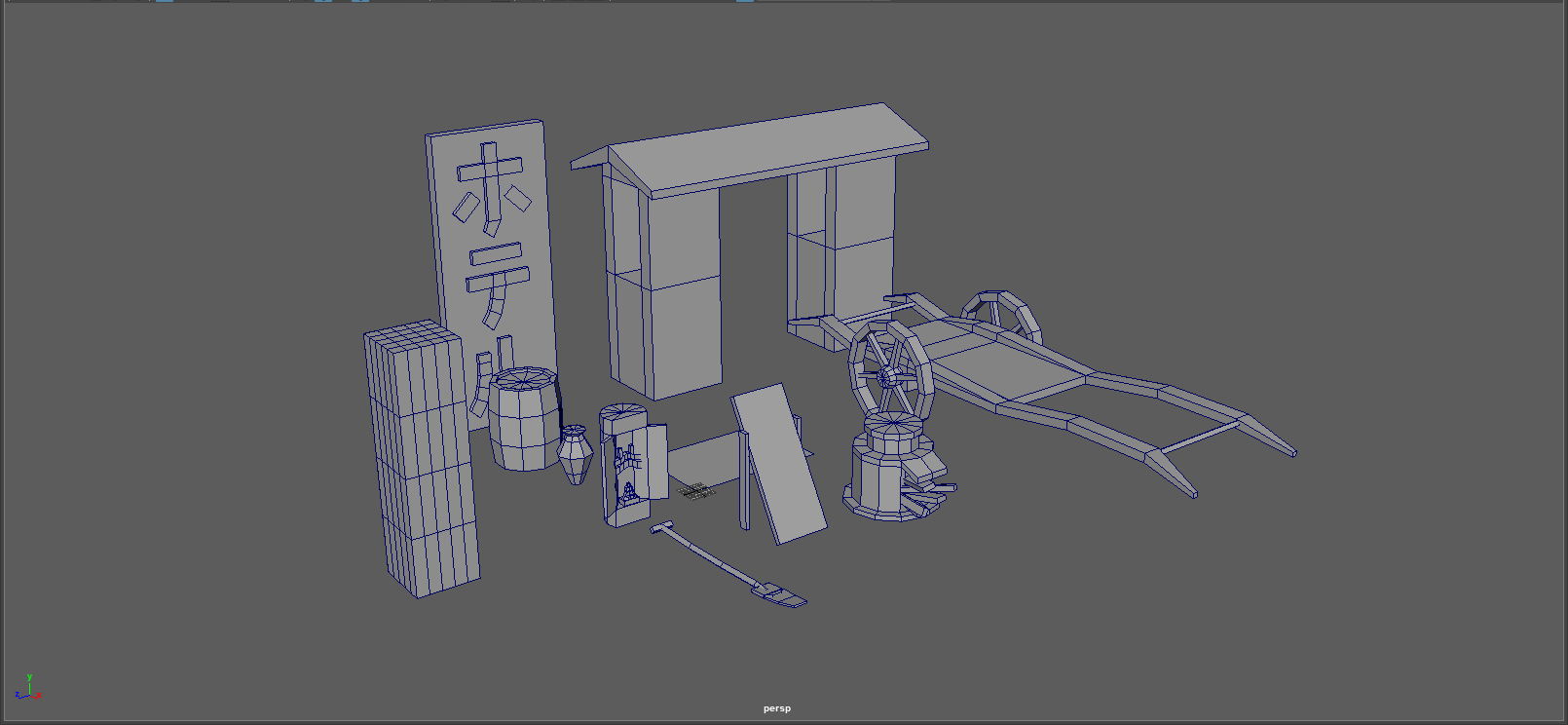 An image from Maya showing a wireframe of assets for the city