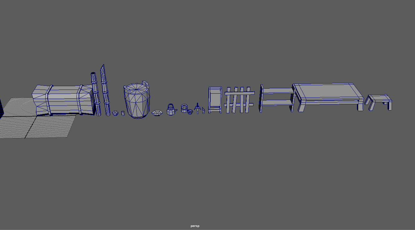 An image from Maya showing a wireframe of assets for use in all levels