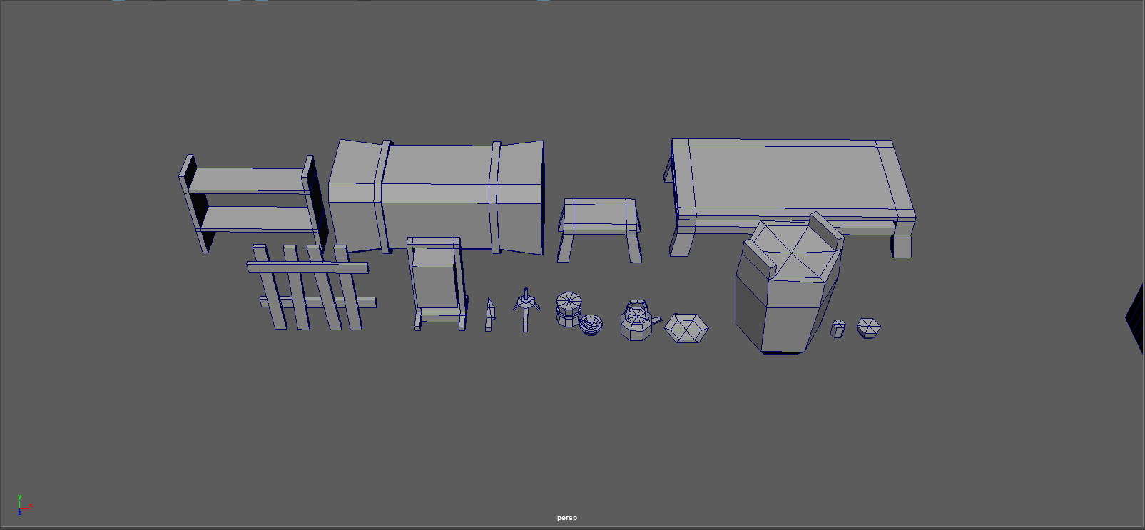 An image from Maya showing a wireframe of assets for use in all levels