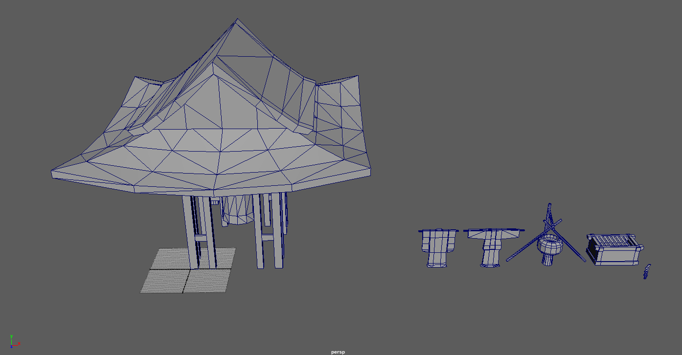 An image from Maya showing a wireframe of assets for the temple