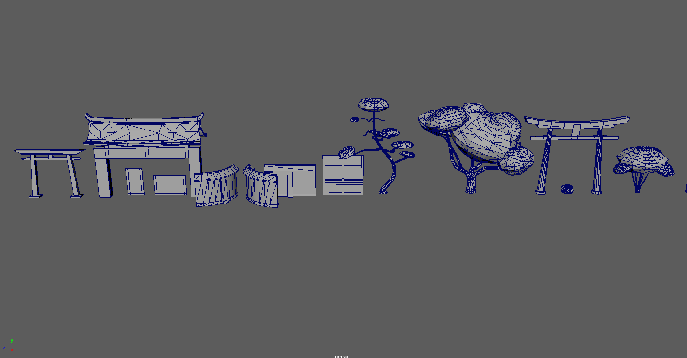 An image from Maya showing a wireframe of assets for the temple