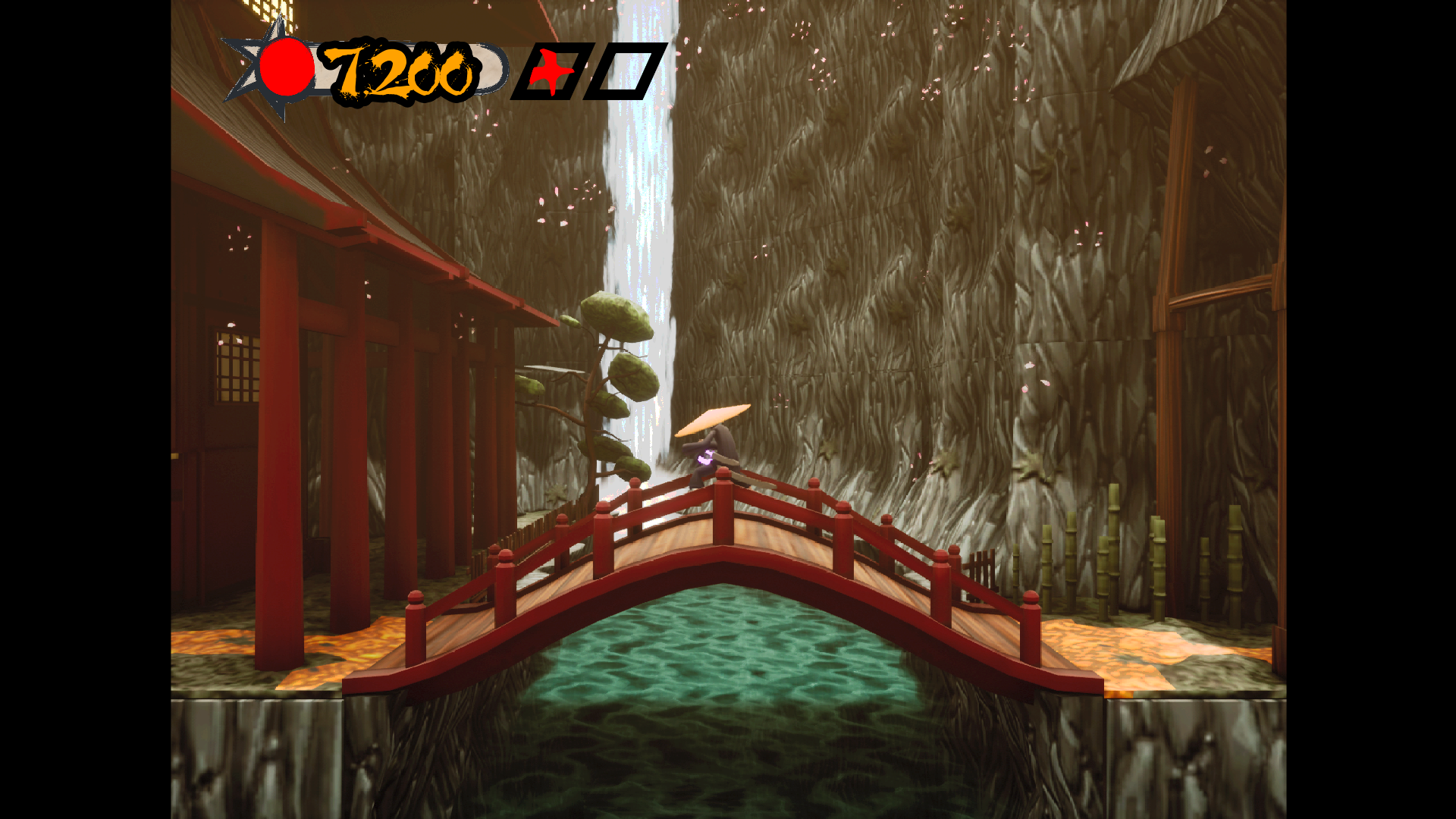 A screenshot of Sword of the Dead City gameplay in Unreal Engine featuring a waterfall, Japanese temple, and bridge
