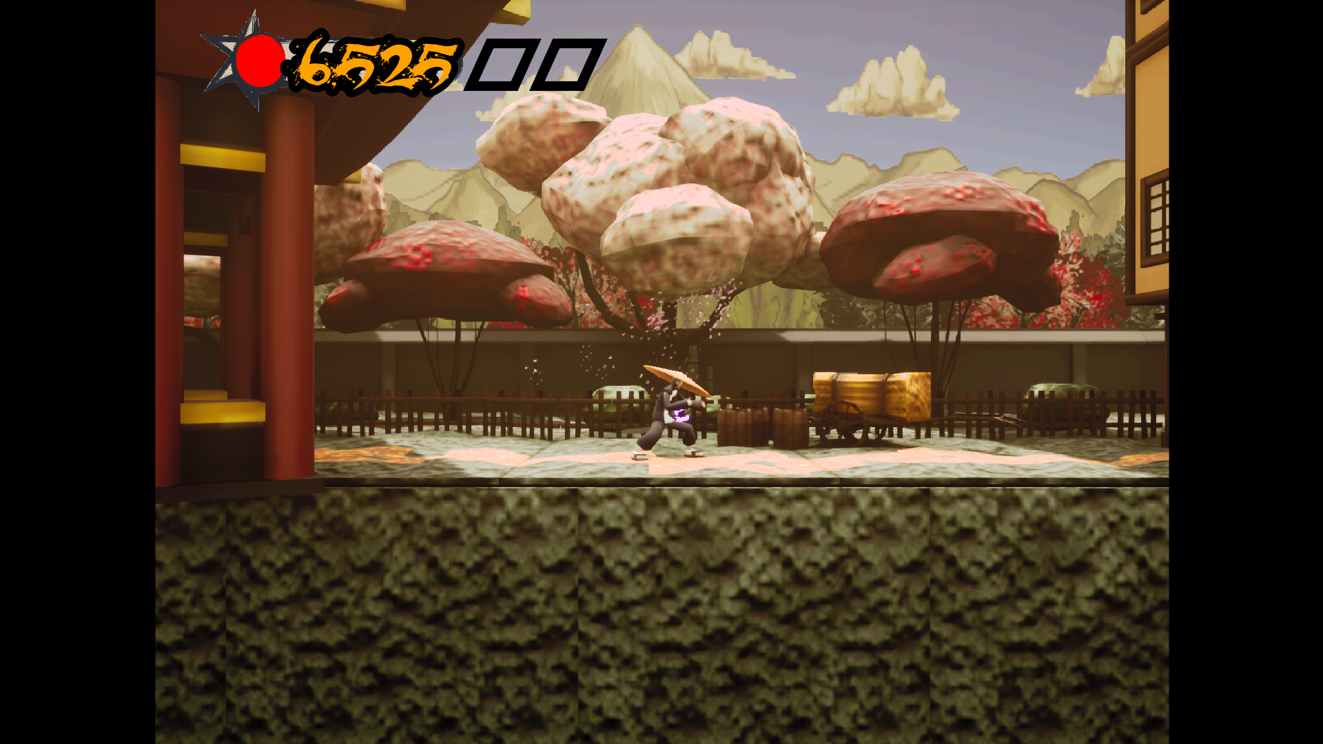 A screenshot of Sword of the Dead City gameplay in Unreal Engine featuring a Japanese bell temple and cherry blossom trees