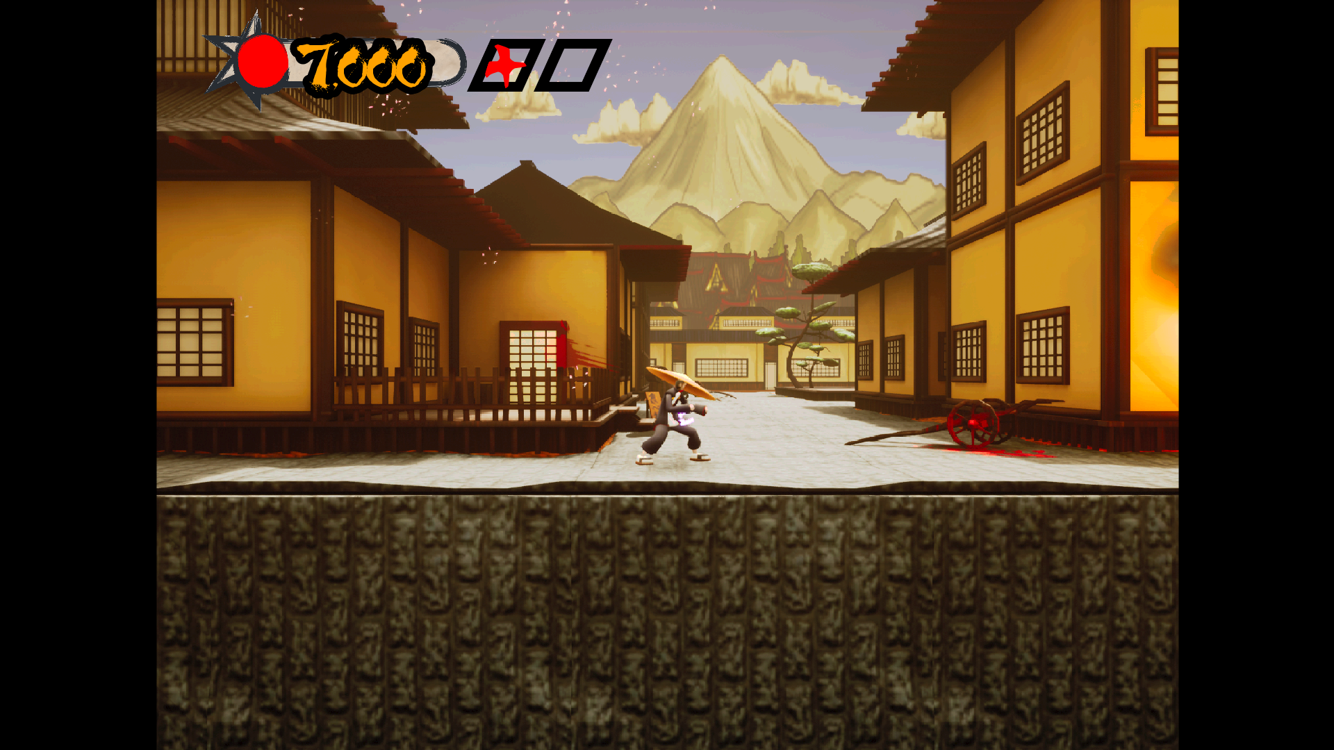 A screenshot of Sword of the Dead City gameplay in Unreal Engine featuring the streets of an Edo period Japanese city with various blood stains