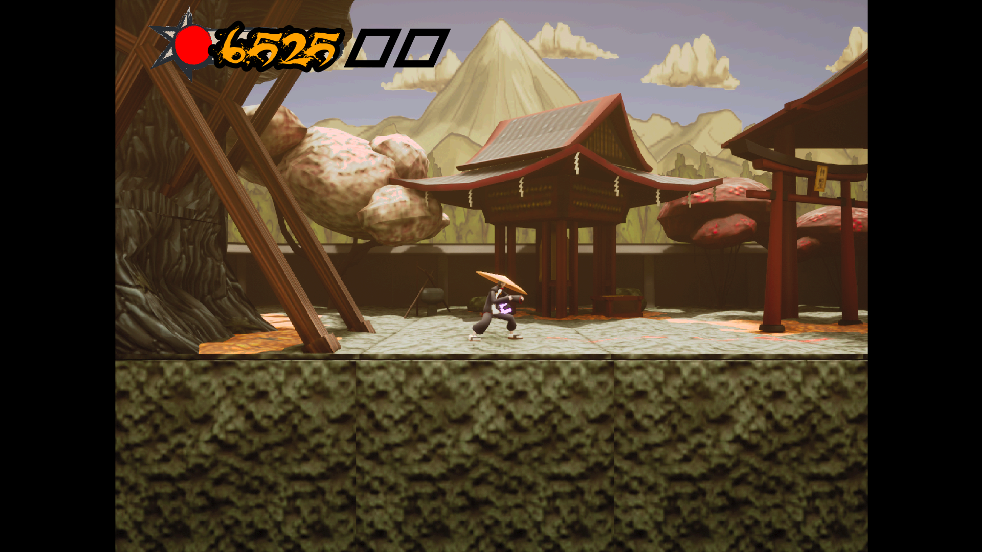 A screenshot of Sword of the Dead City gameplay in Unreal Engine featuring a Japanese shrine and a tall cliff with cherry blossoms