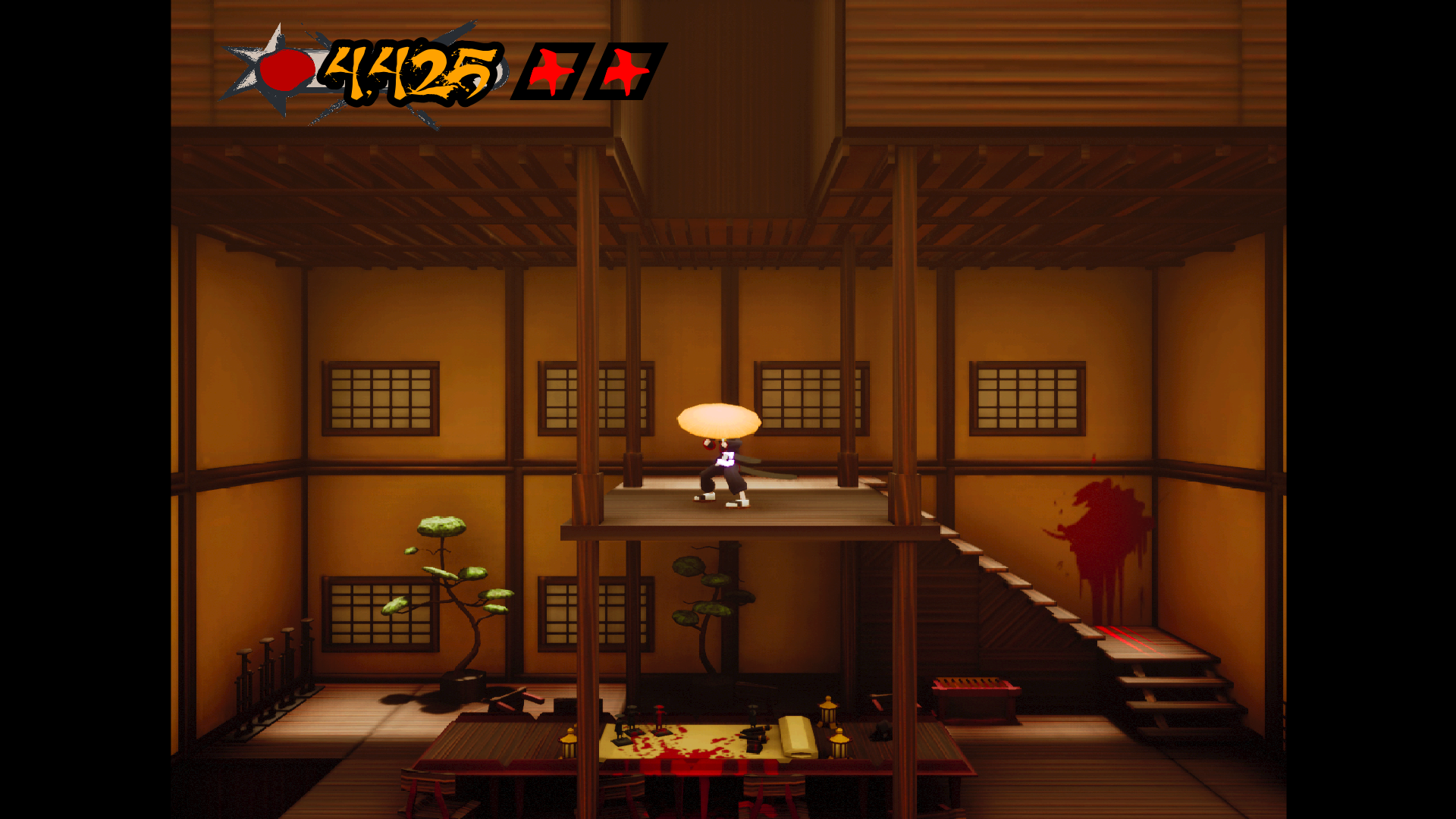 A screenshot of Sword of the Dead City gameplay in Unreal Engine featuring the interior of a Japanese edo period home with a bonsai and war plans