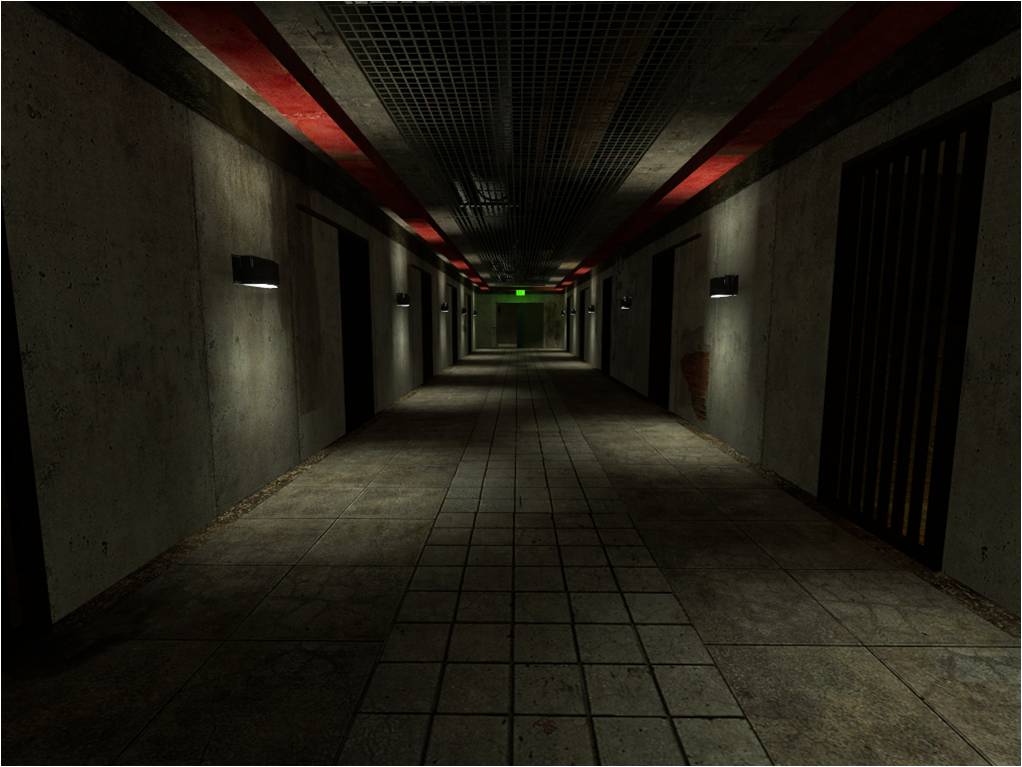 A Source Engine screenshot displaying an eerie, abandoned prison hallway with concrete surfaces and rust.