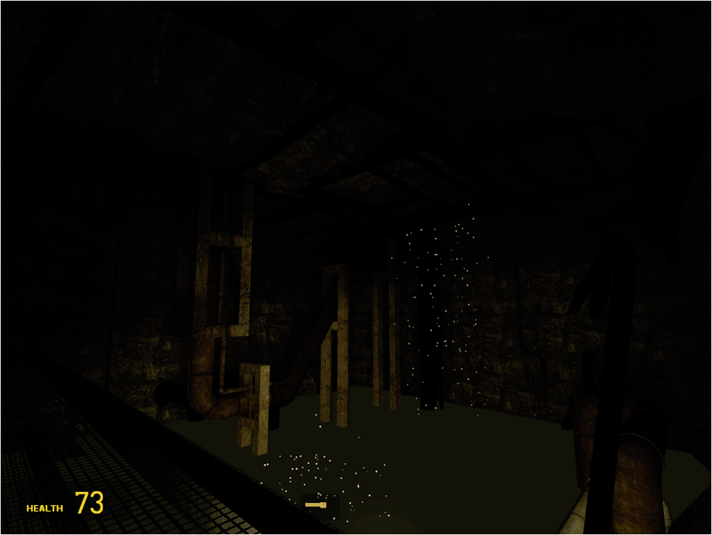 A Source Engine screenshot displaying a very dark underground cavern full of dust and metal debris