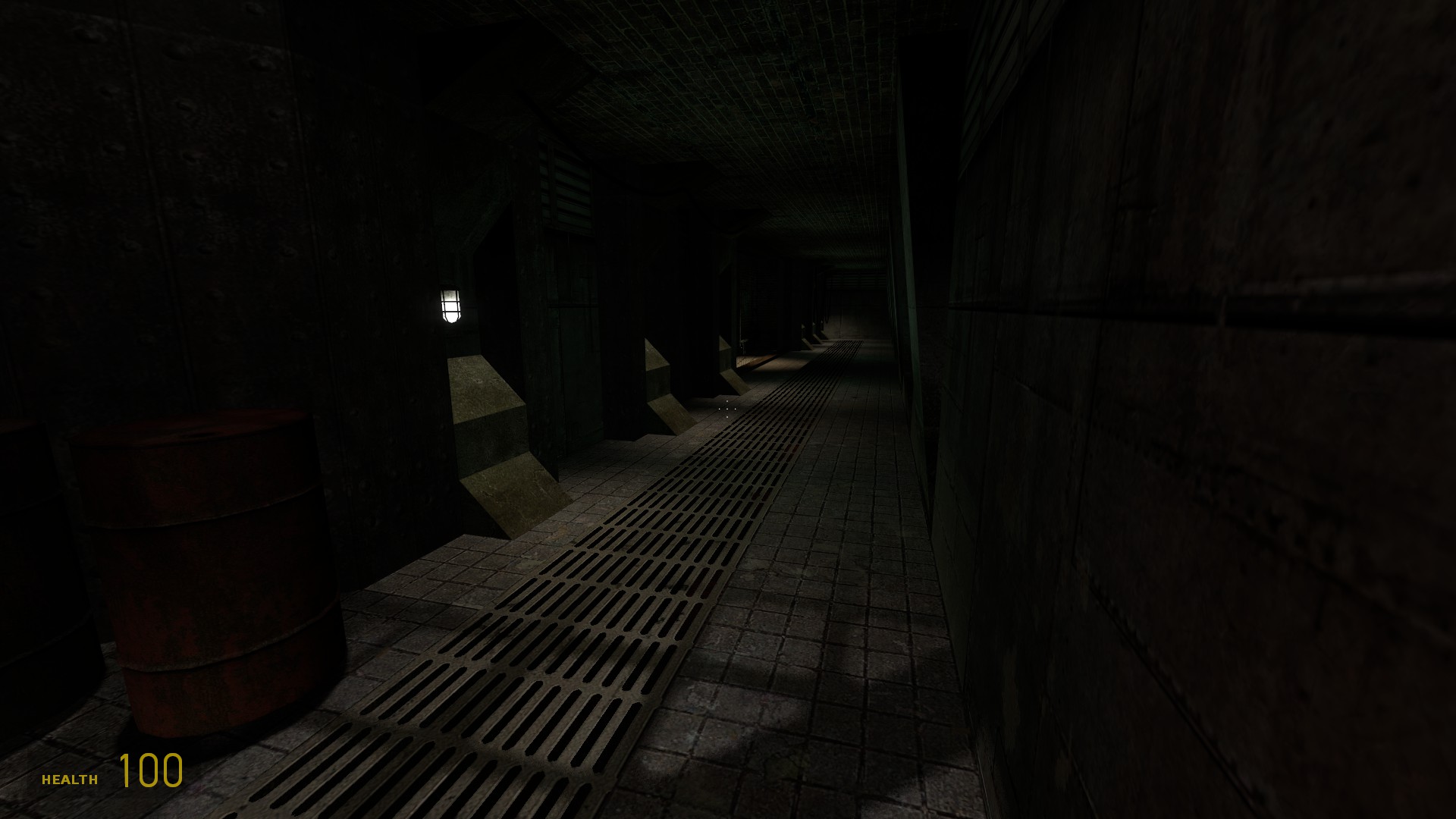 A Source Engine screenshot displaying a dark concrete hallway with cage lights, metal floors, and brutalis pillars