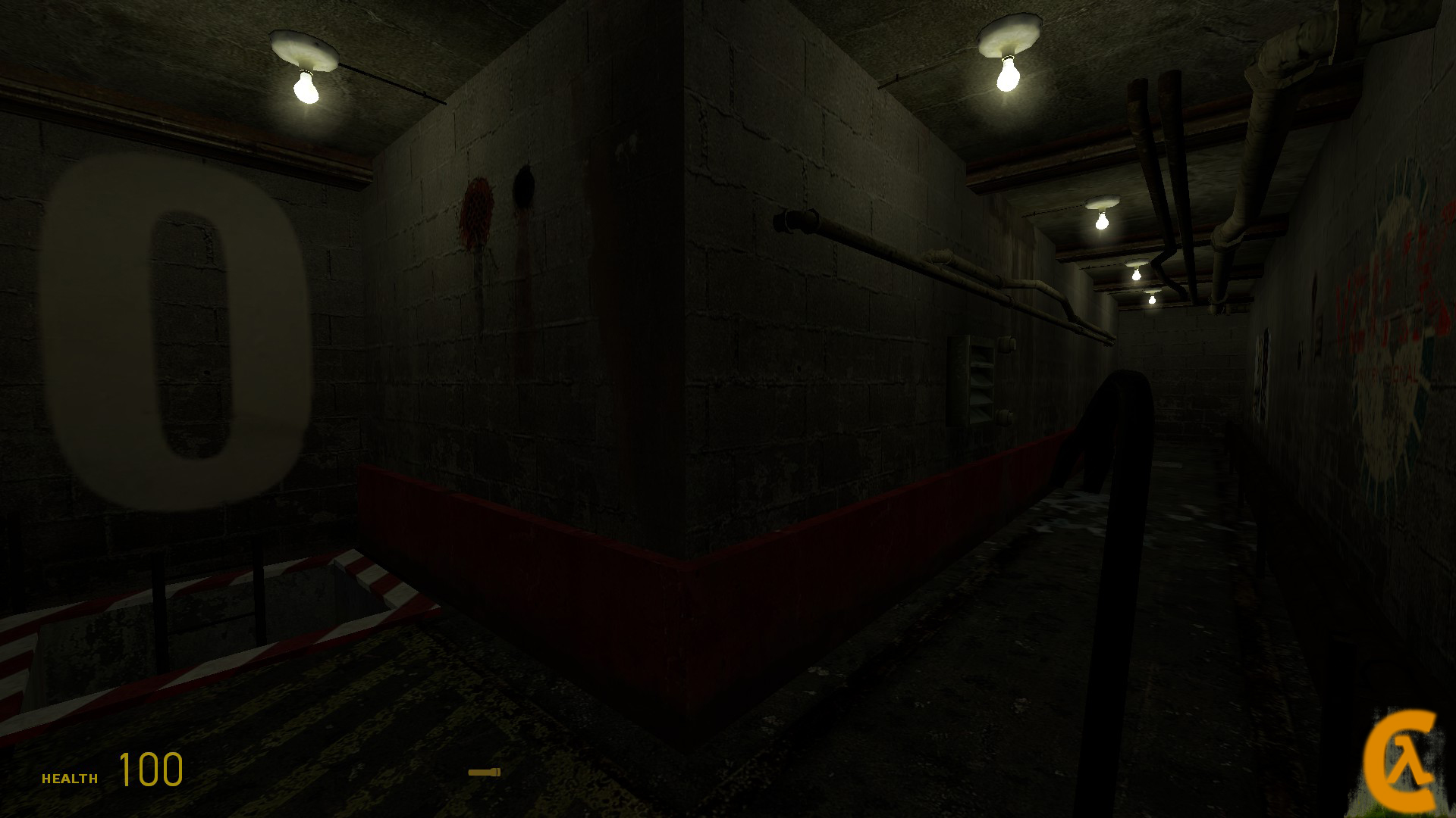 A Source Engine screenshot displaying a concrete hallways with dim lighting and pipes