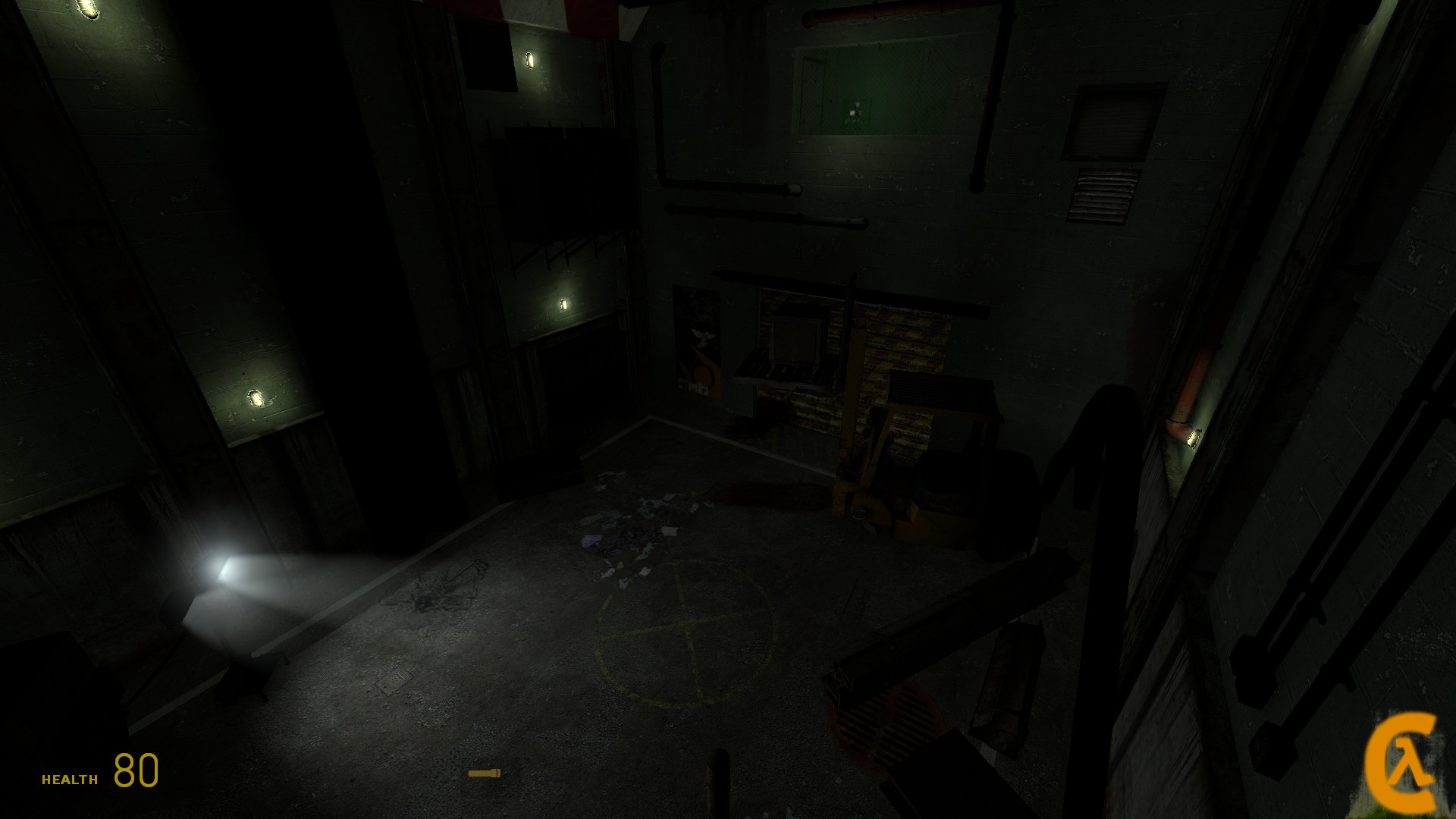 A Source Engine screenshot displaying a sotrage room with a forklift, garage doors, and work lights