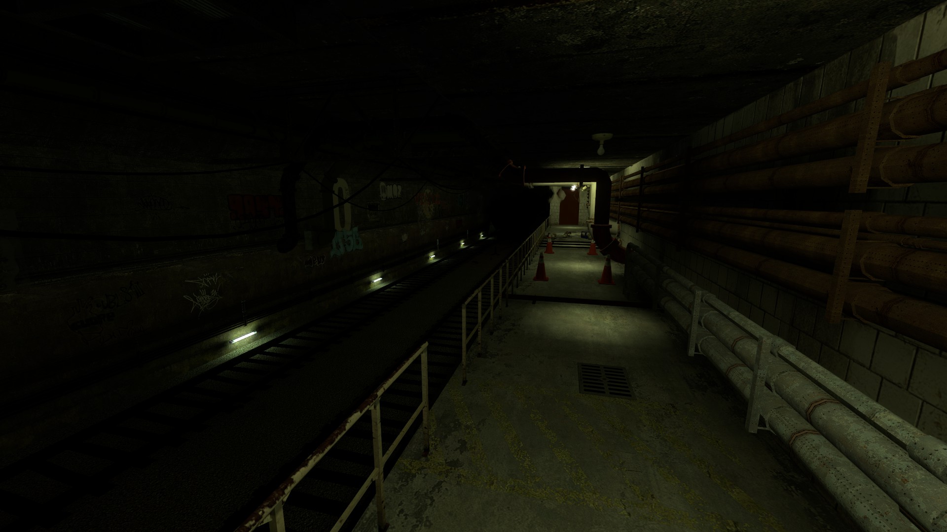 A Source Engine screenshot displaying a subway tunnel with wires, grafitti, and a maintenance passage