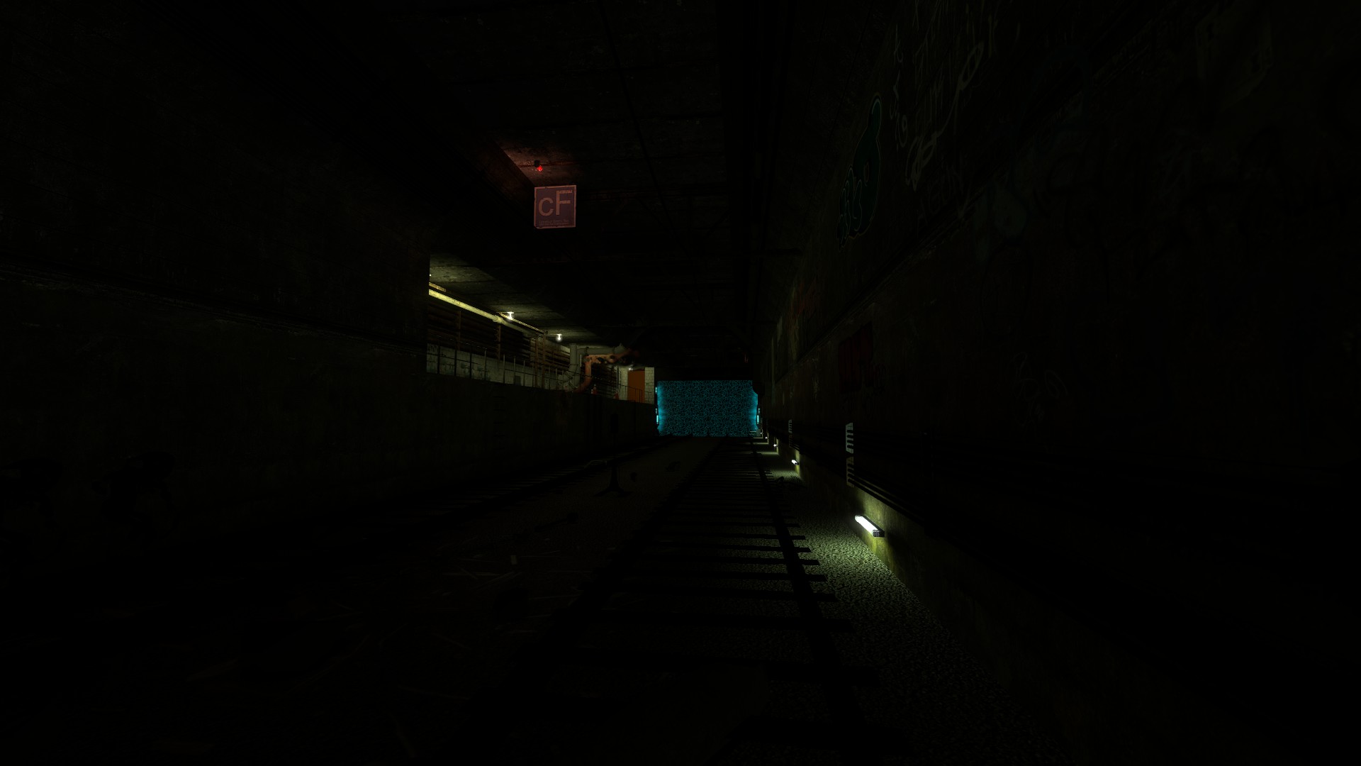A Source Engine screenshot displaying a subway tunnel with wires, grafitti, and a maintenance passage