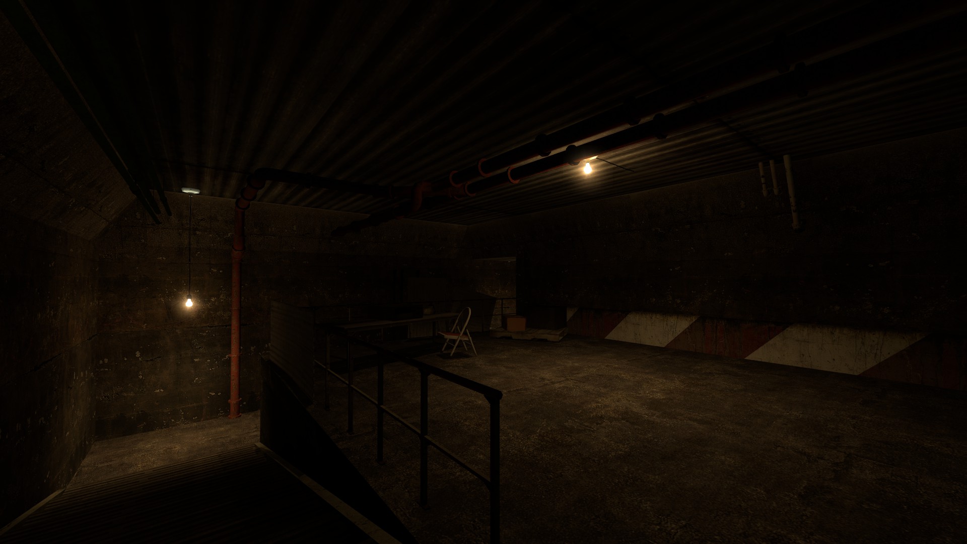 A Source Engine screenshot displaying a liminal concrete room with a makeshift office