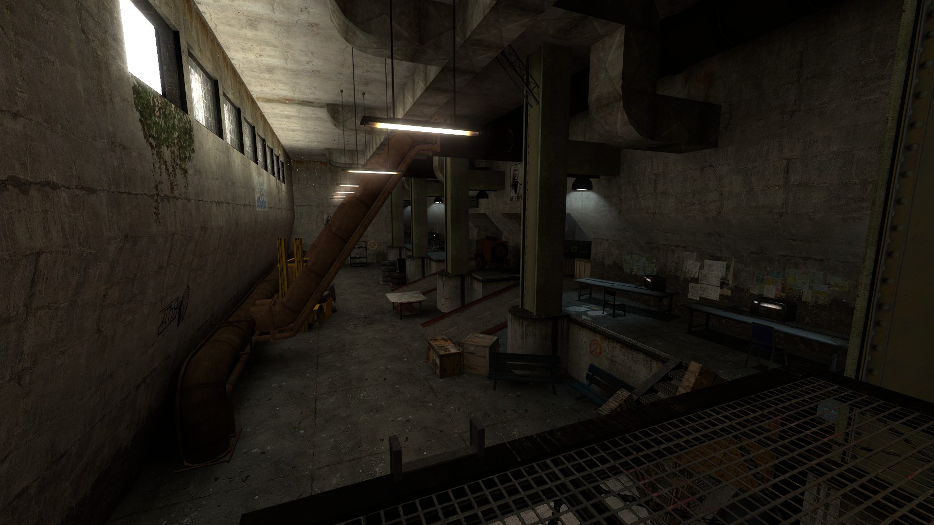 A Source Engine screenshot displaying a large underground transport hub turned makeshift communications center