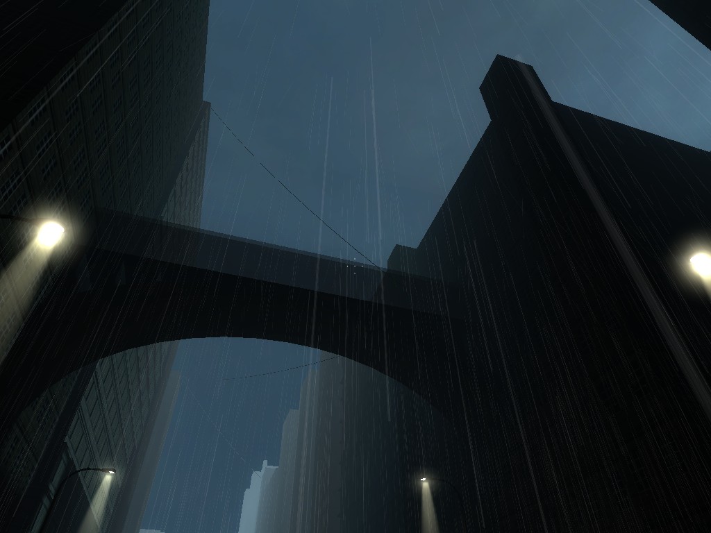 A Source Engine screenshot displaying a foggy city at night during the rain lit by streetlights