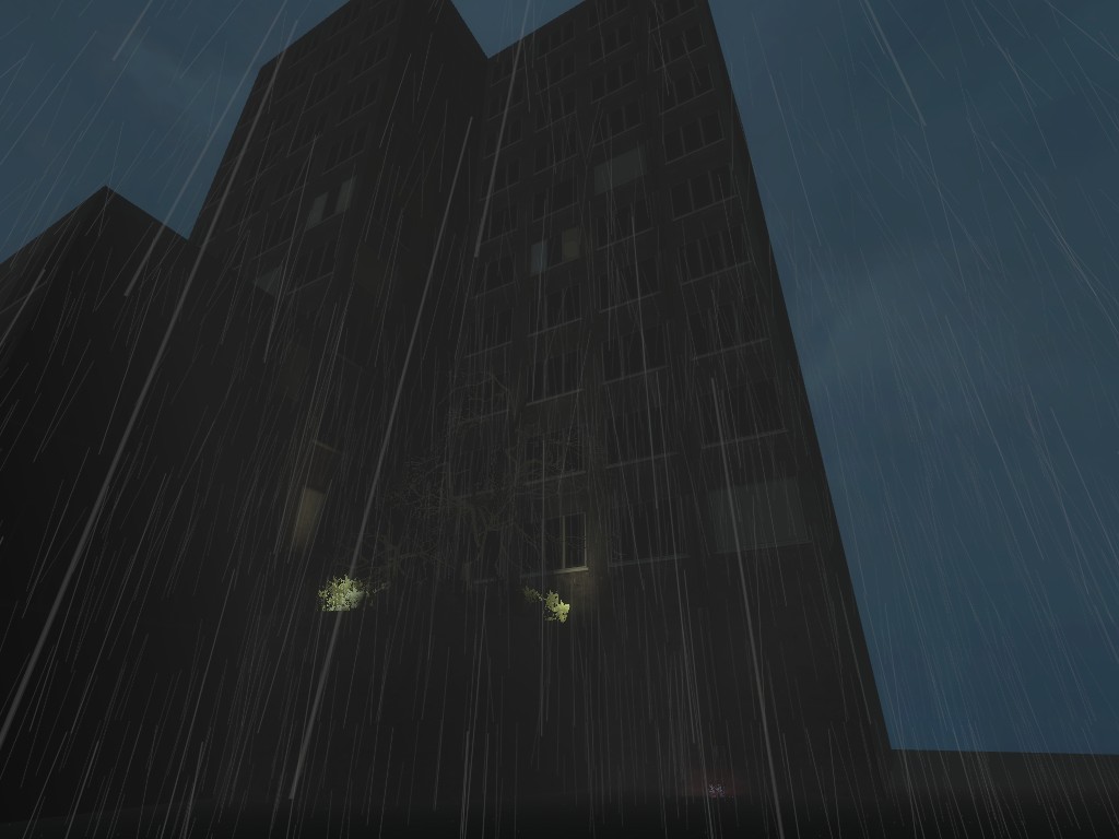 A Source Engine screenshot displaying a building at night during the rain