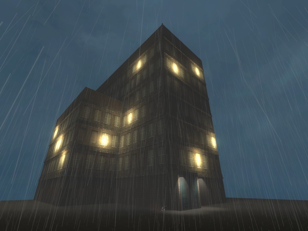 A Source Engine screenshot displaying a building at night during the rain