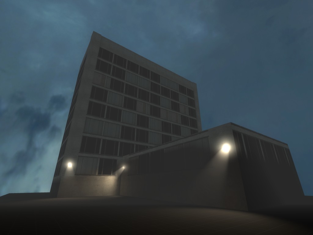 A Source Engine screenshot displaying a building at night during the rain